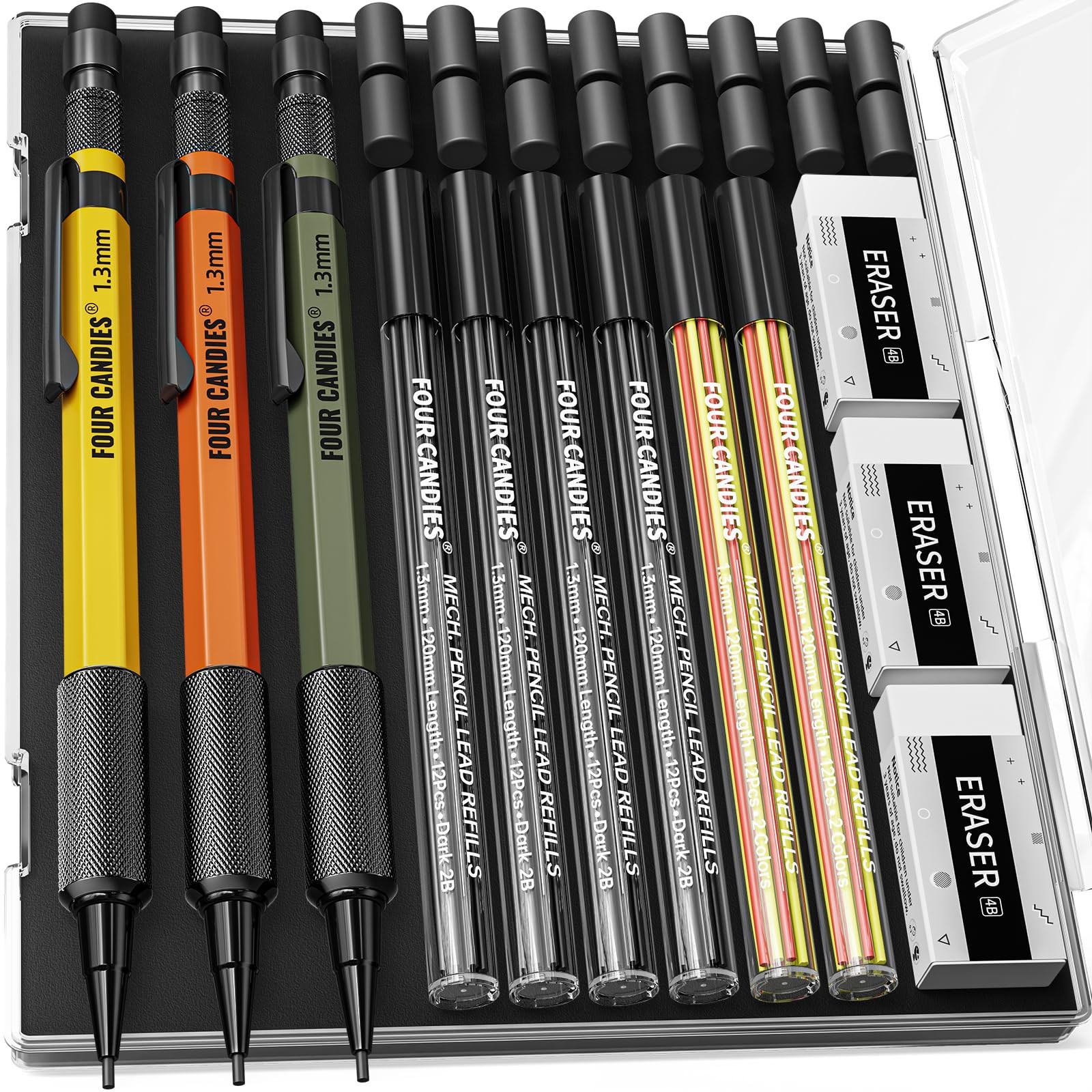 1.3mm Mechanical Pencil Set with 72 Lead Refills, 3PCS Metal Weatherproof Bod…