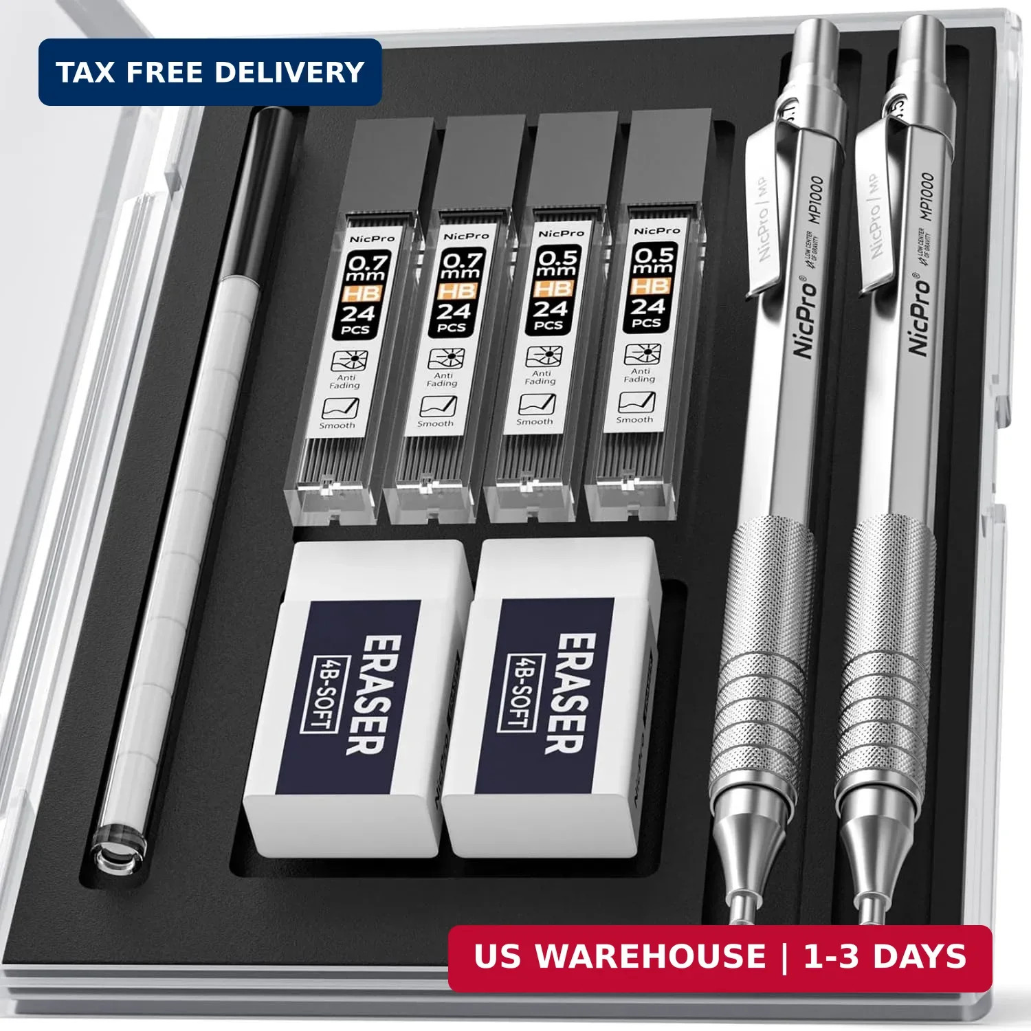 Nicpro 2 PCS Metal Mechanical Pencil 0.5mm & 0.7 mm with Case, MP1000 Pencil Set