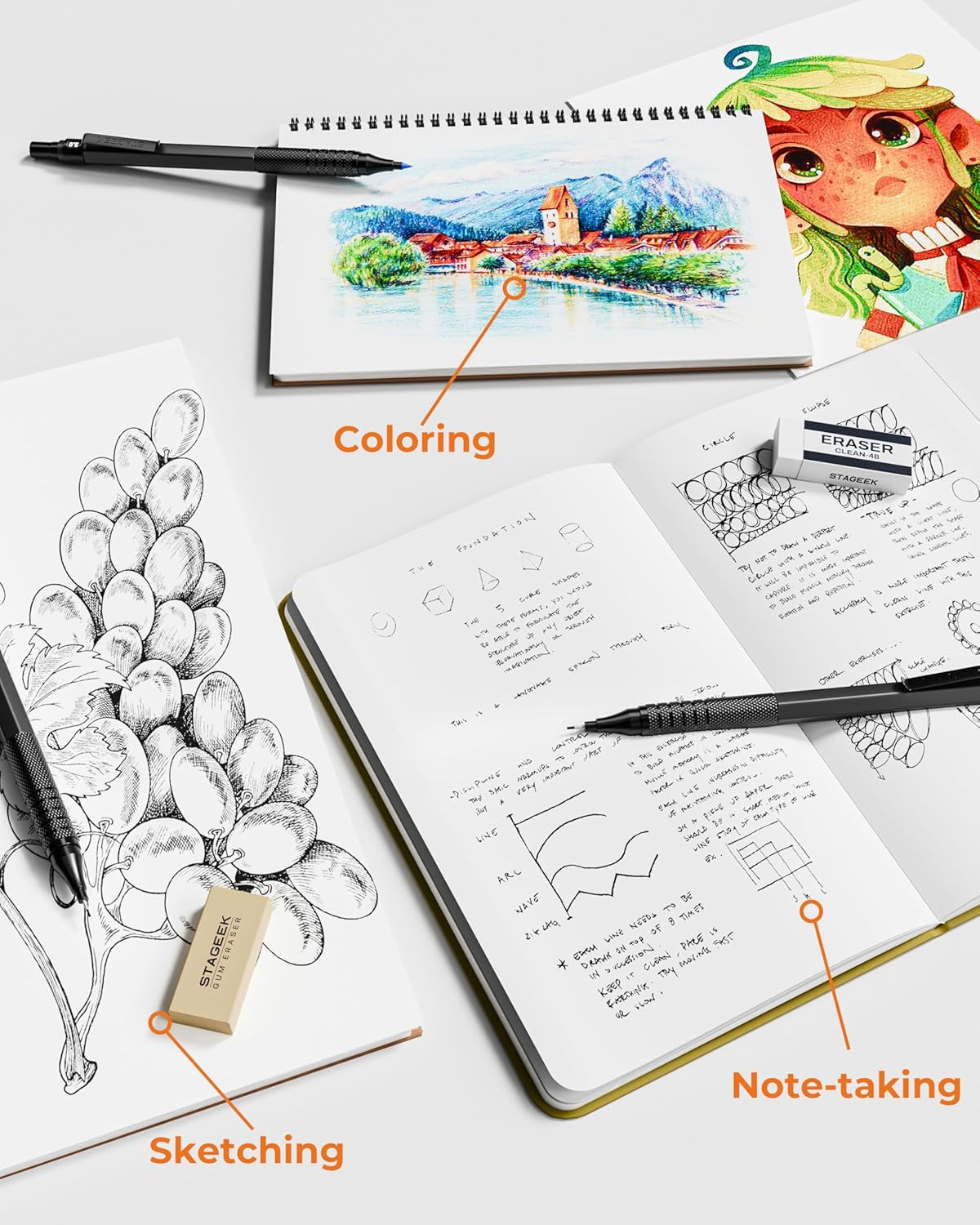 STAGEEK Metal Mechanical Pencil Set in Leather Case, 5PCS Art Drafting Pencil 0.
