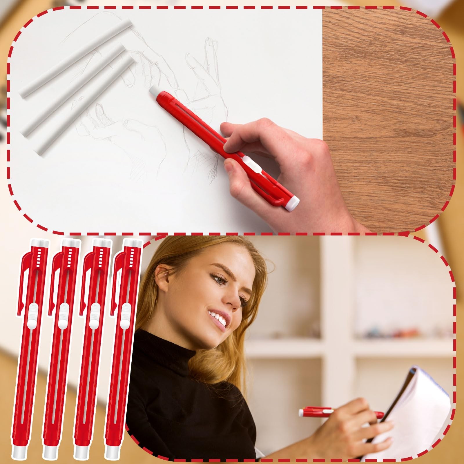 Retractable Mechanical Eraser Pen Stick Refill Painting Writing Red 12 PCS