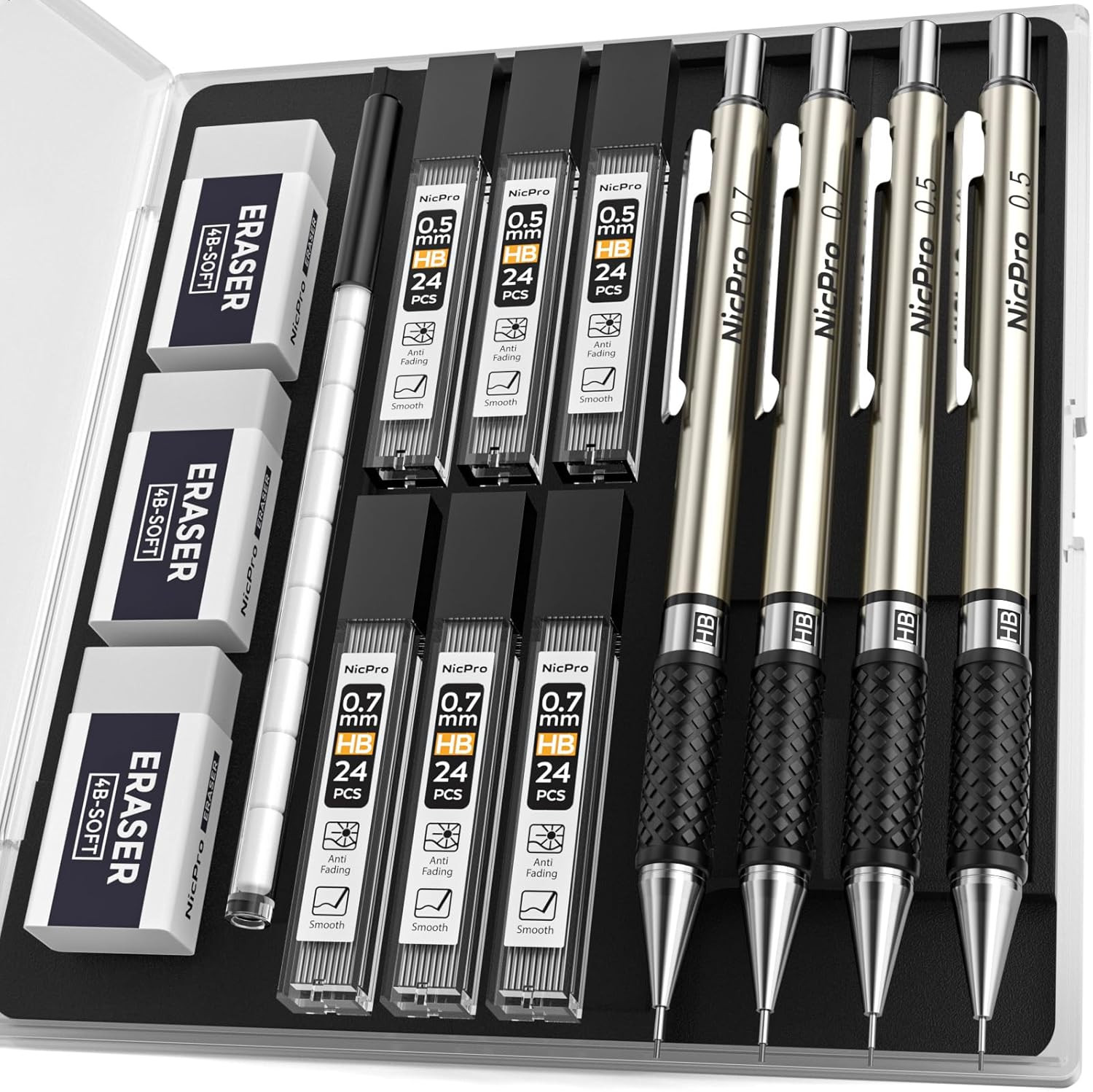 Art Mechanical Pencil Set in Case, 4 PCS Metal Drafting Pencil 0.5 Mm & 0.7 Mm,