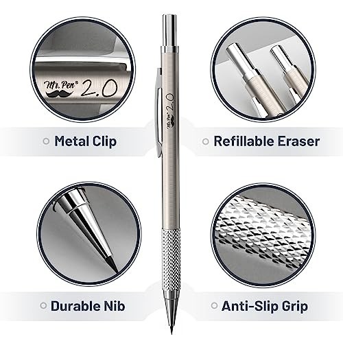 – Metal Mechanical Pencil Set with Lead and Eraser Refills, 5 Sizes