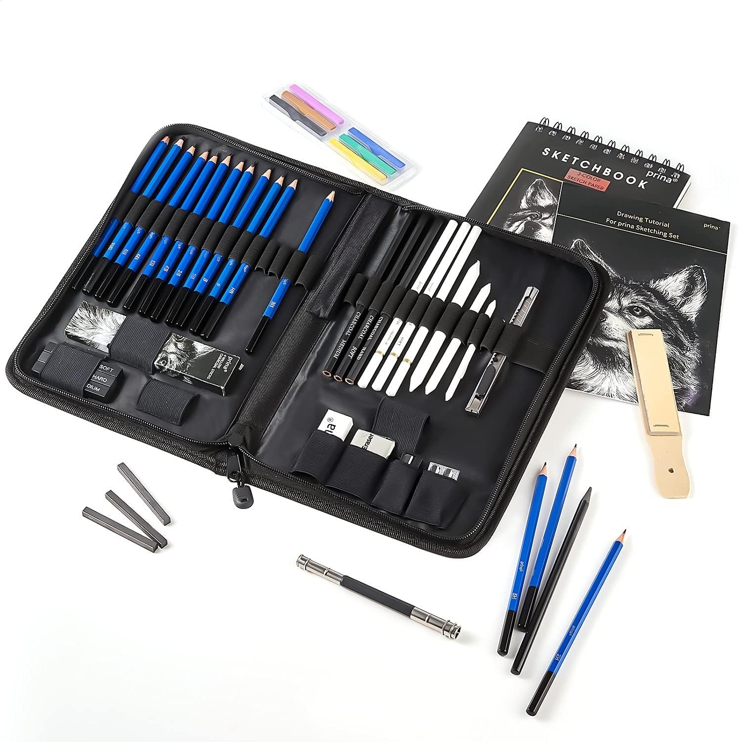 Prina 50 Pack Drawing Set Sketch Kit, Sketching 49 Piece Set, Multicolor