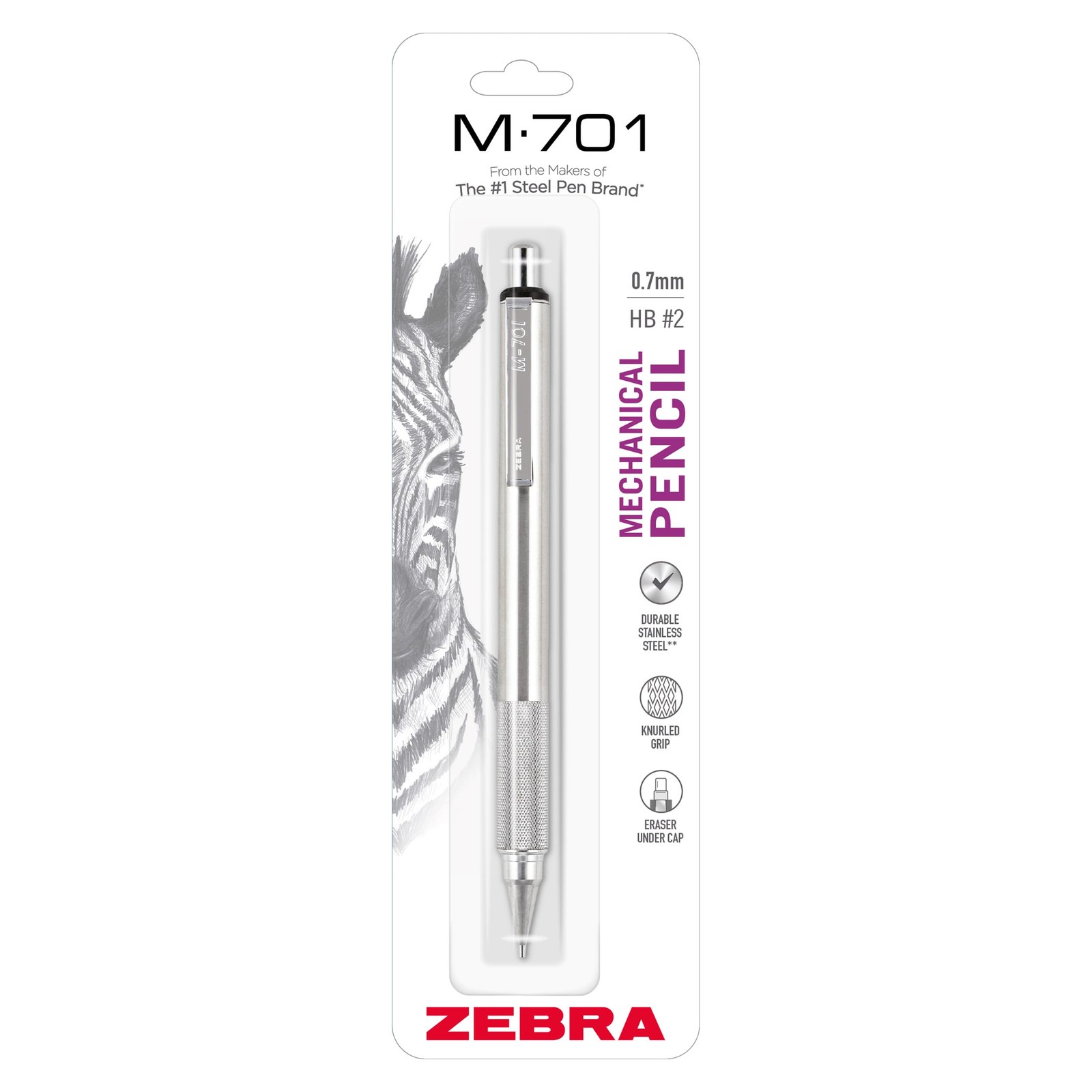 Zebra Pen, M-701 Mechanical Pencil, 0.7mm Point, Durable Stainless Steel Barrel,
