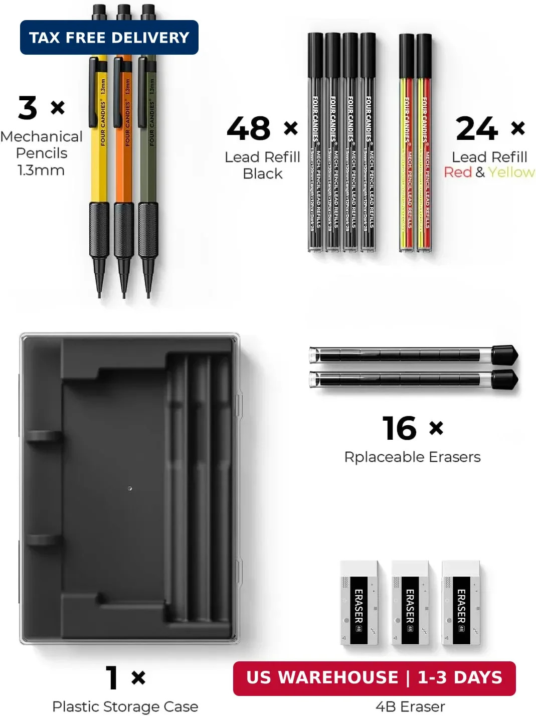 Four Candies 1.3mm Metal Mechanical Pencil Set with 72 Lead Refills, 3-Pack | He