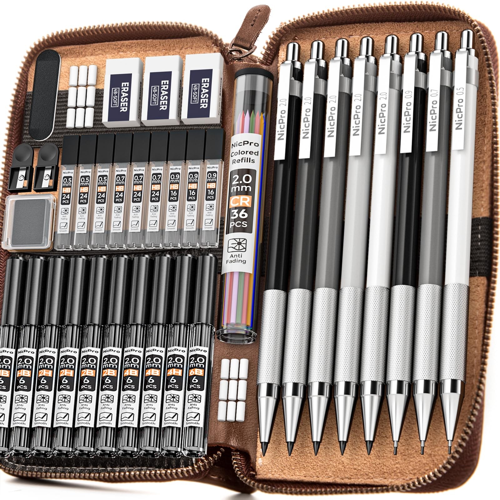 Nicpro 38PCS Art Mechanical Pencils Set in Leather Case, 3 38PCS, Multicolor
