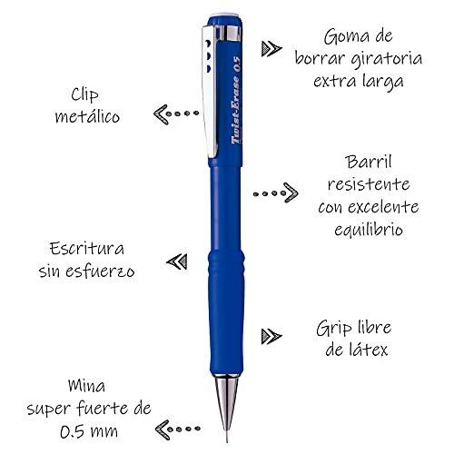 Pentel Twist-Erase III Mechanical Pencil 0.5mm Blue Barrel 12 Pack (QE515C)