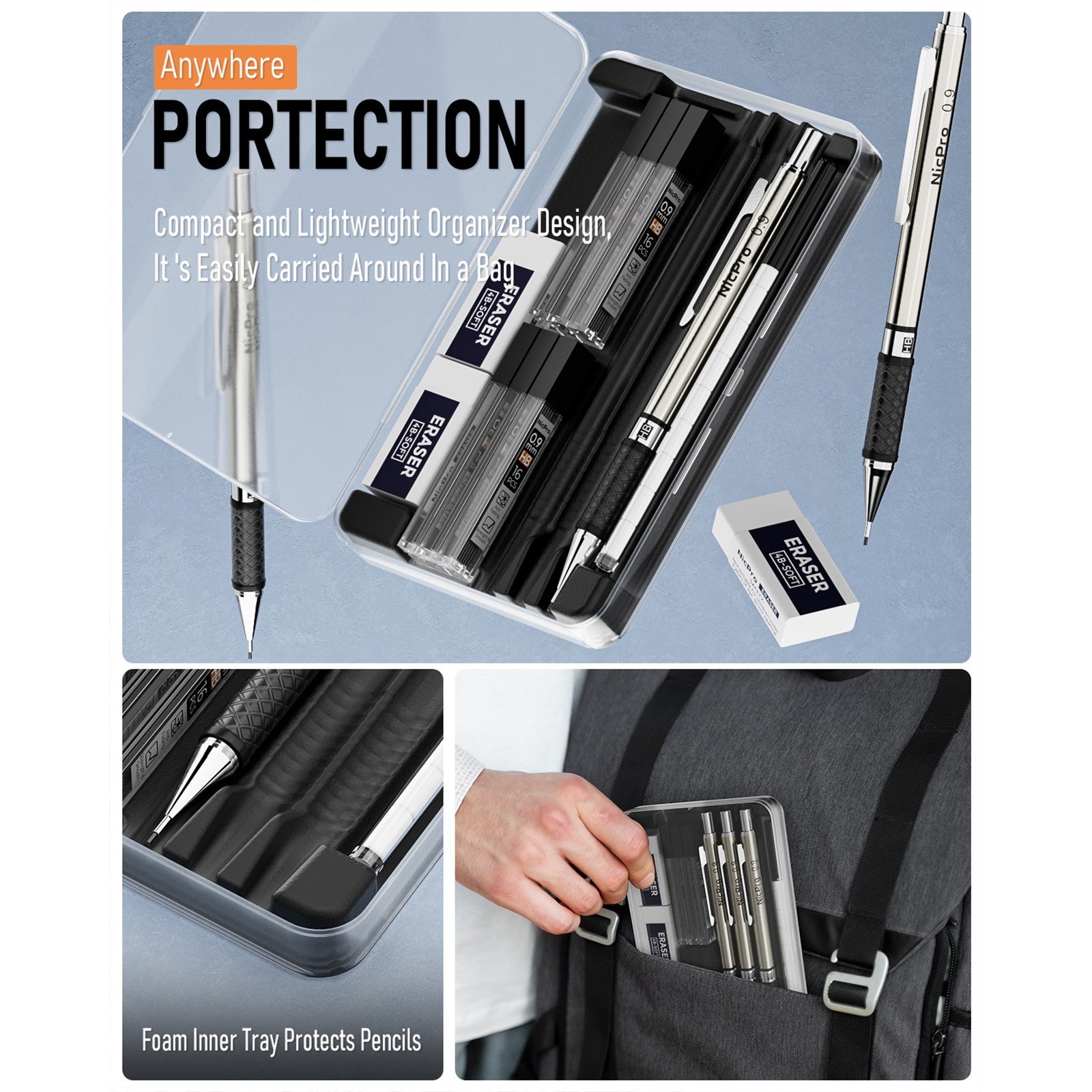 Nicpro 0.9mm 3Pcs Metal Pencils Set + Case, 6 HB Refills, 12 Erasers