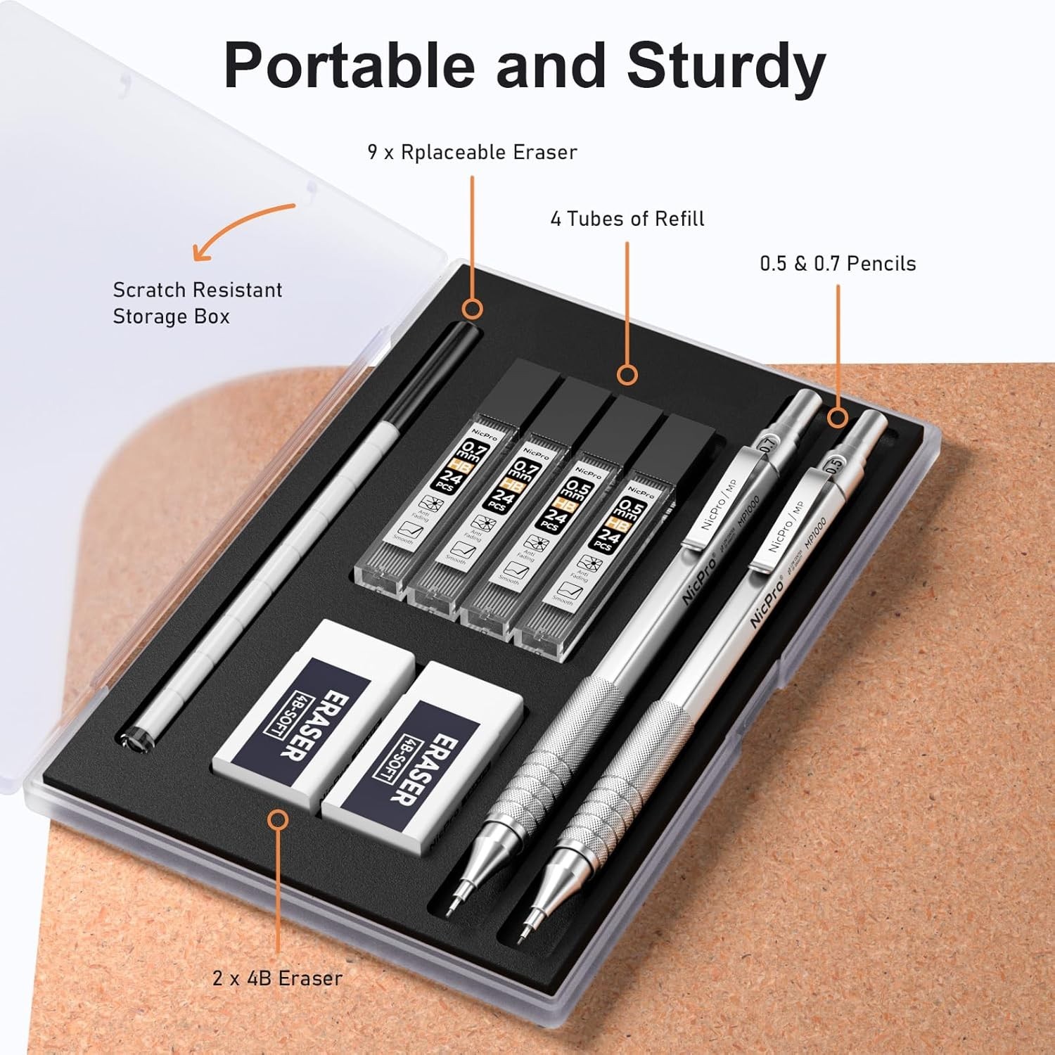 2 PCS Mechanical Pencils with HB Lead Refills & Erasers – Silver Finish