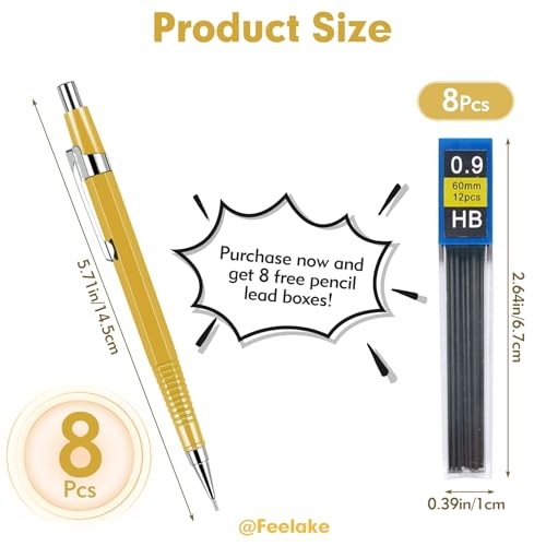 8 PCS Metal Mechanical Pencil,Durable 0.9mm Drafting Pencil,Comes With 8 PCS