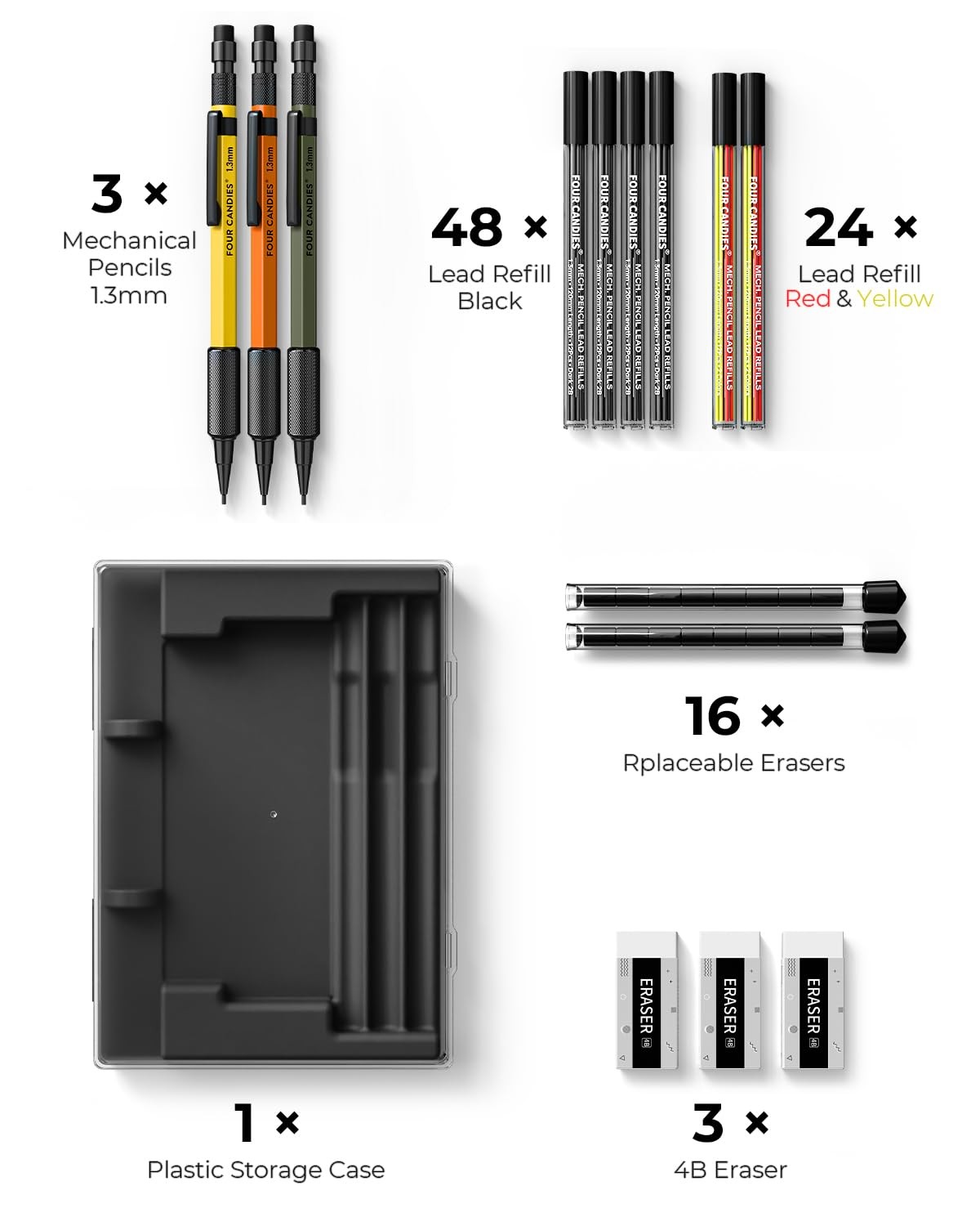 1.3mm Mechanical Pencil Set with 72 Lead Refills, 3PCS Metal Weatherproof Bod…