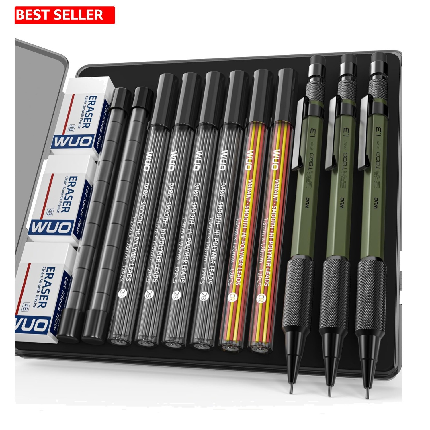 All-in-One 1.3mm Mechanical Pencil Set with Color-Coded Leads + Erasers – 3 Pack