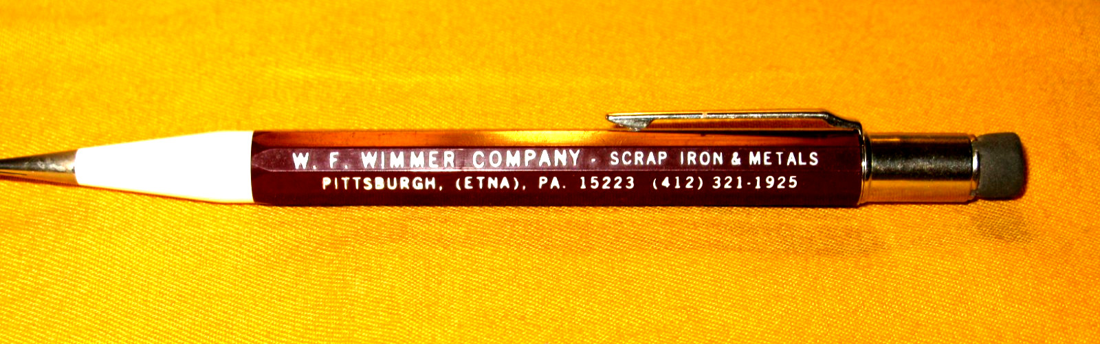 NEW-NEVER USED MAROON/WHITE 76 AUTOPOINT MECHANICAL PENCIL W/W.F.WIMMER CO. ADV.