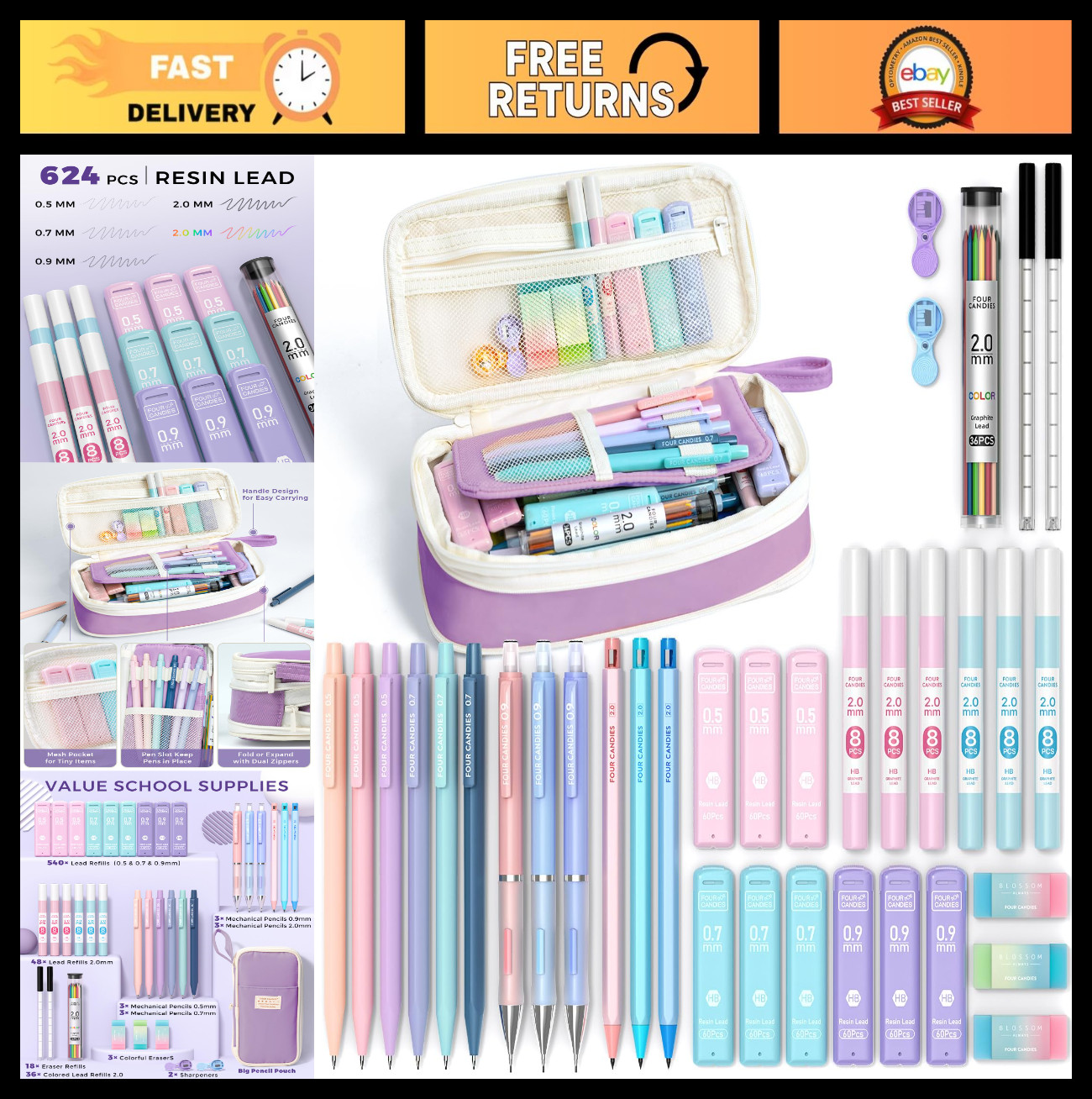 Aesthetic Mechanical Pencil Set 36PCS with 624 Lead Refills – Cute School Suppli