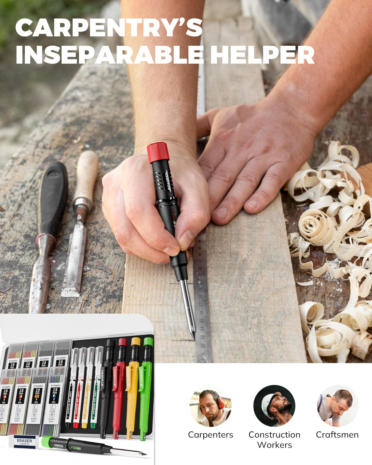 STAGEEK 4 Pack Carpenter Pencils with Sharpener, Mechanical Carpenter Pencils…