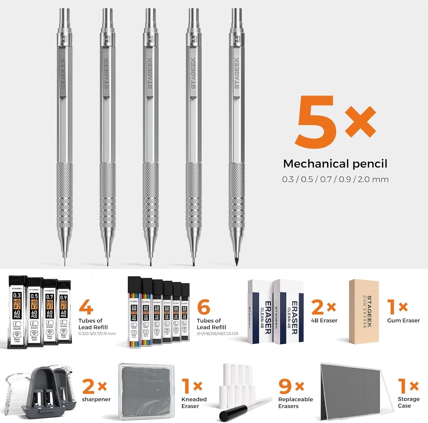 21PCS Metal Mechanical Pencil Set, Art Lead Pencil 0.3, 0.5, 0.7, 0.9, 2mm