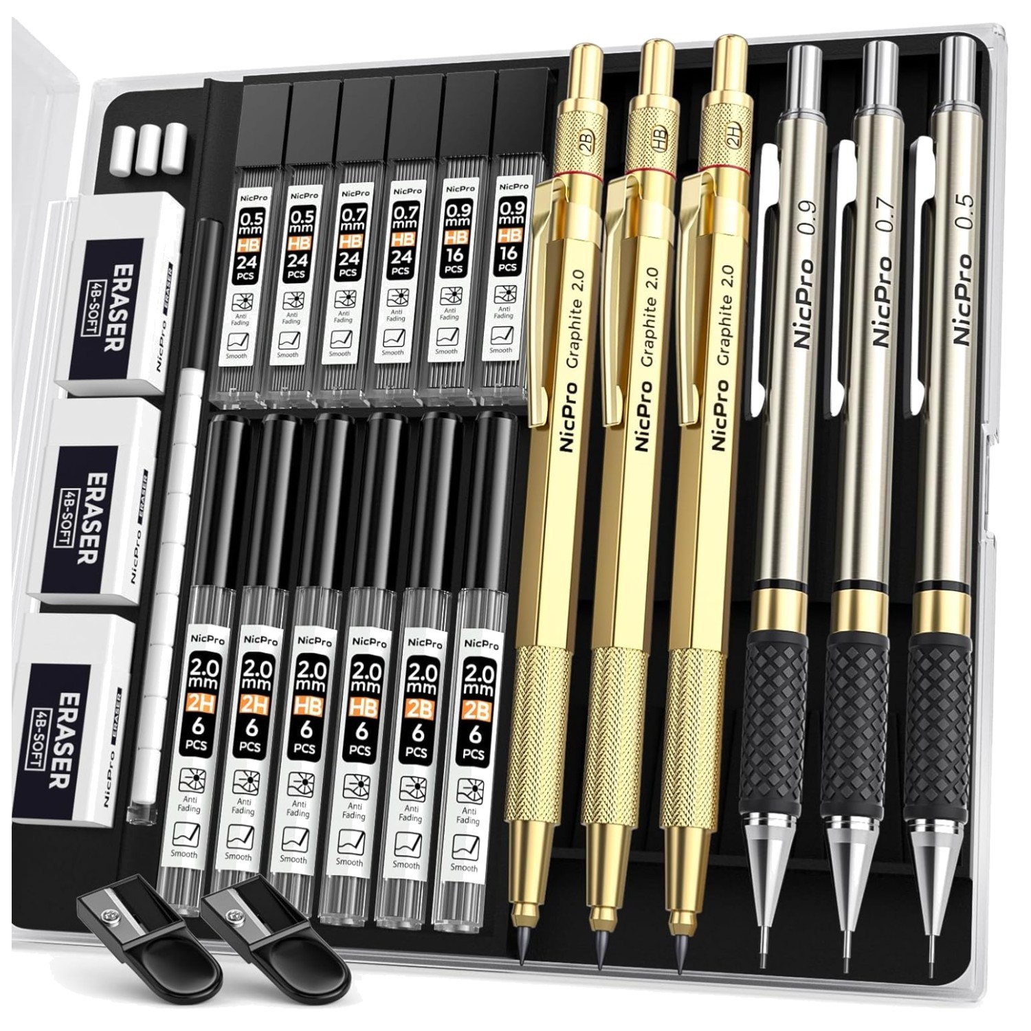Gold Art Mechanical Pencil Set 0.5-2mm Lead Refills Sketching Drawing Drawing