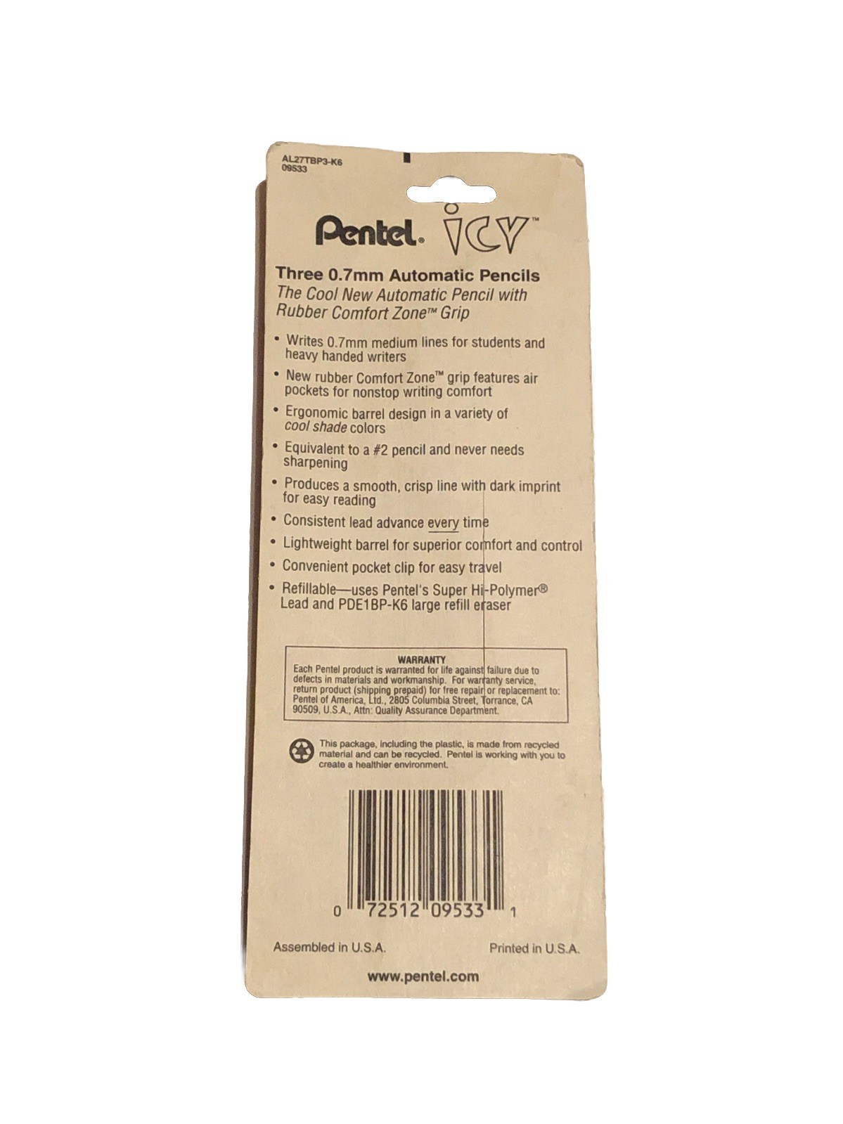 Pentel Icy 0.7mm Automatic Pencils 3 Pack AL-27 New
