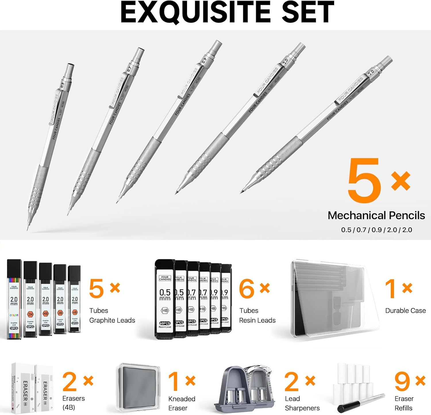 Metal Mechanical Pencil Set, 3PCS Art Drafting Pencils 0.5, 0.7, 0.9MM & 2PCS 2M