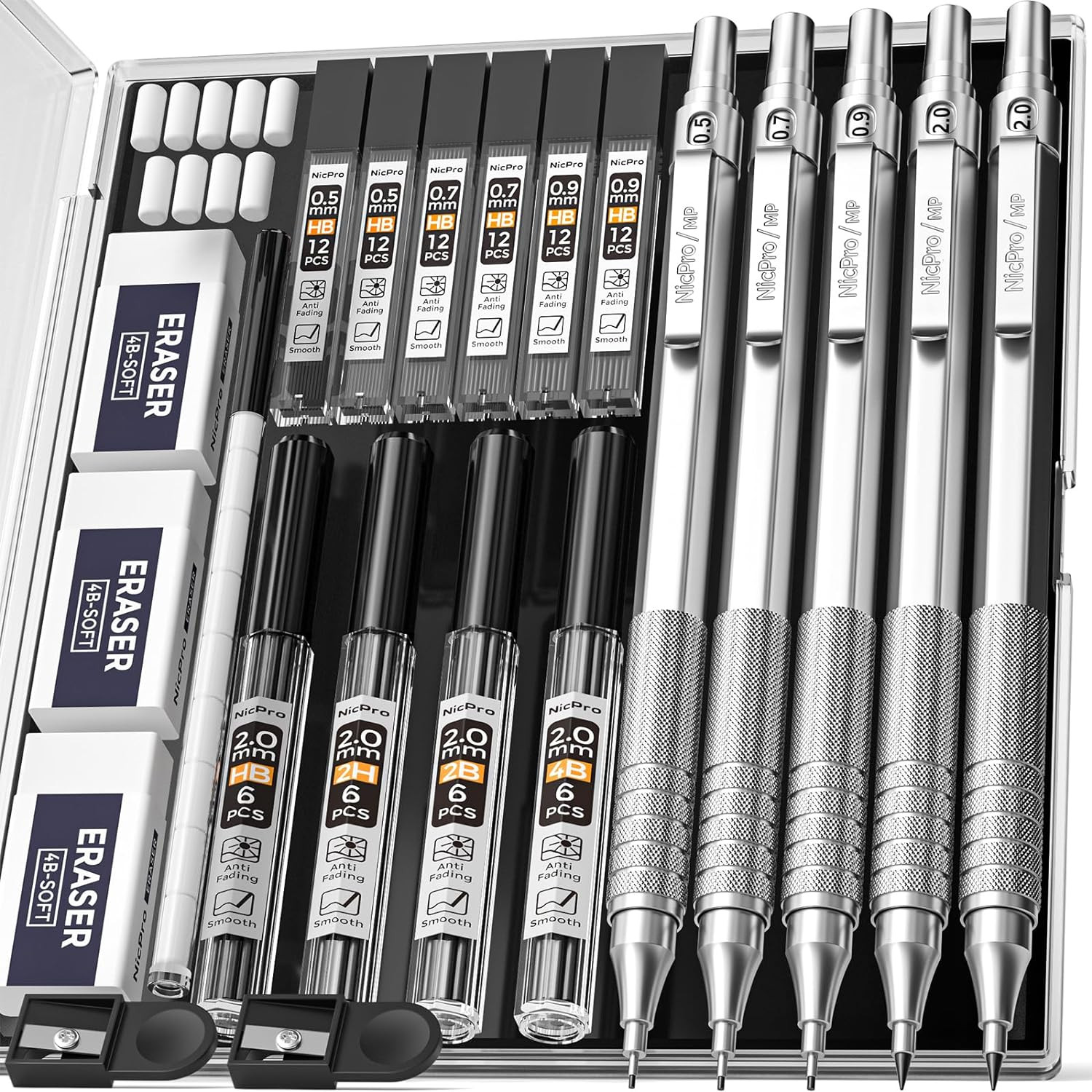 Nicpro 22PCS Metal Mechanical Pencil Set in Case, Art Drafting Pencil 0.5, 0.7