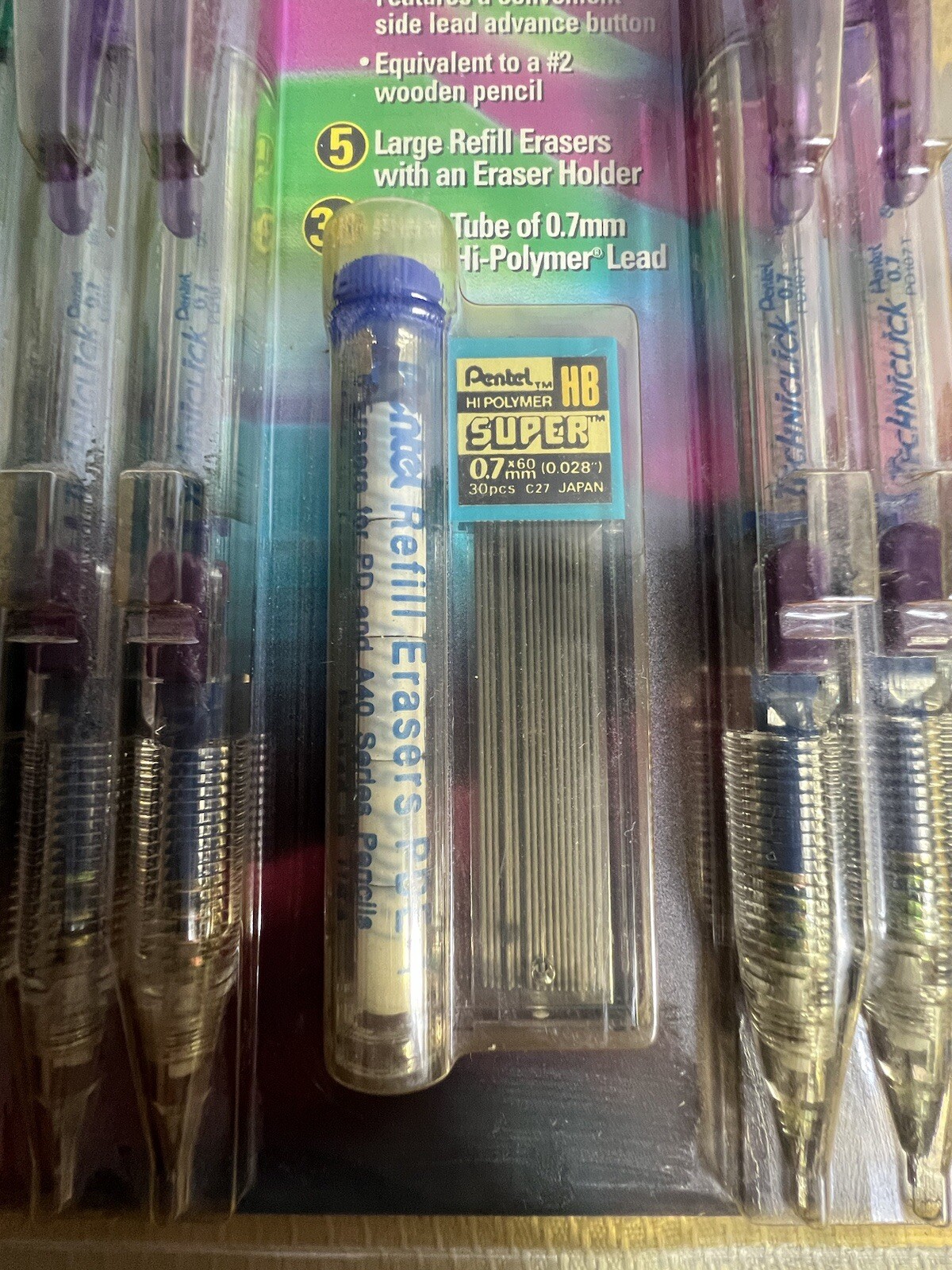 8 Pack Pentel Techniclick 0.7mm Mechanical Pencils PD107T Lead Erasers