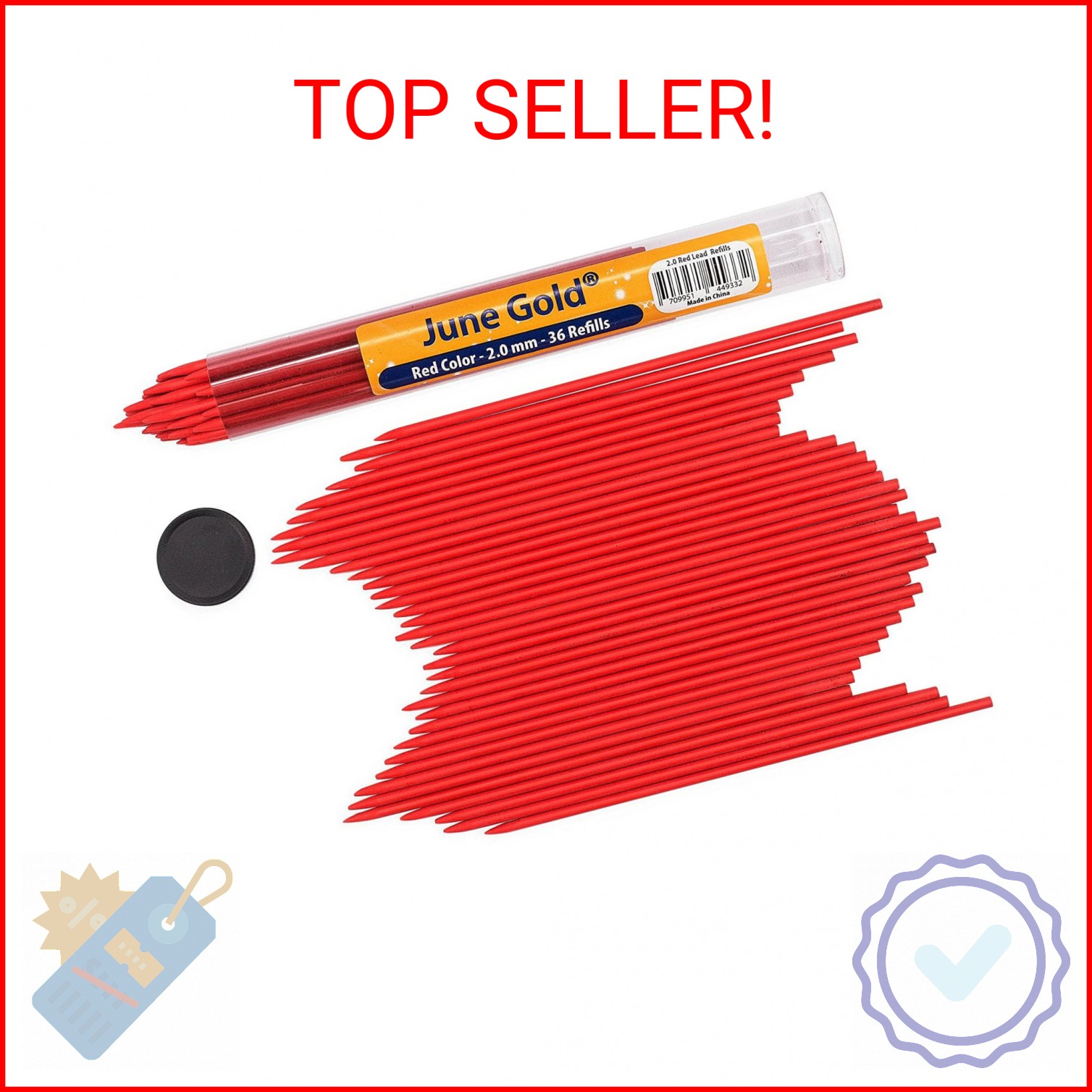 June Gold 36 Red (Cherry #101) Colored 2.0 mm Lead Refills, Bold Thickness for H