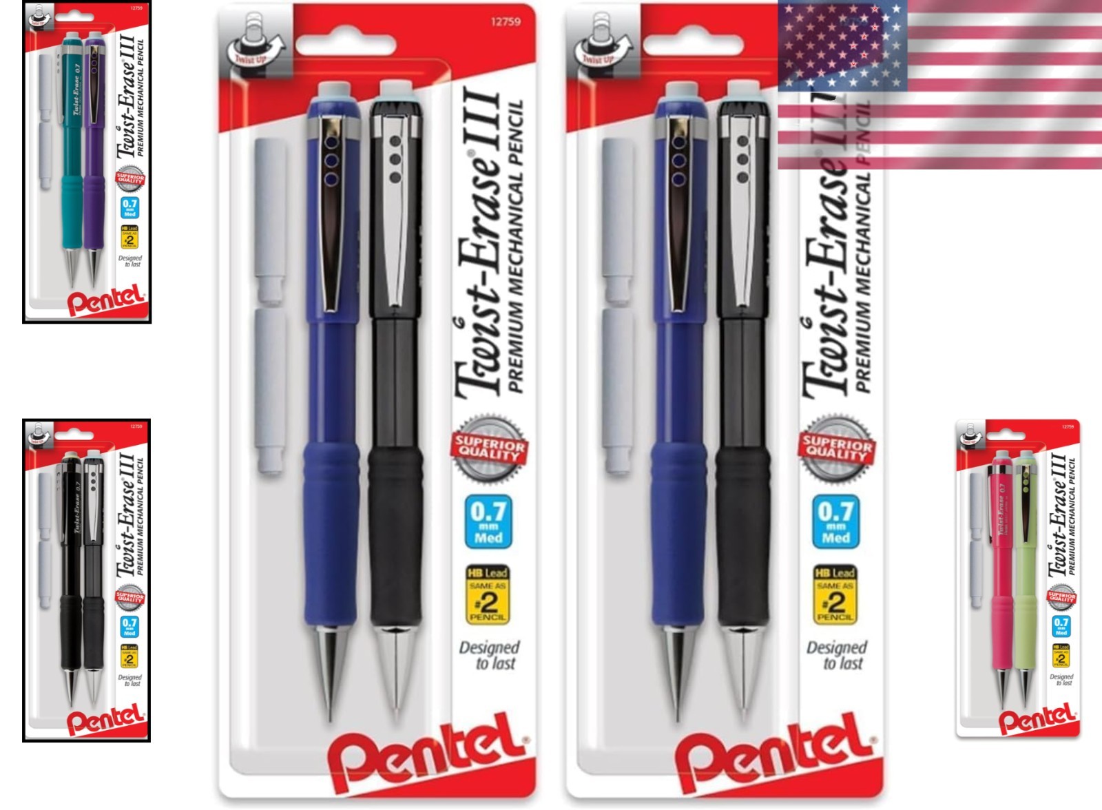 Versatile 0.7mm Twist-Erase III Mechanical Pencils with Assorted Colors – 4 Pack