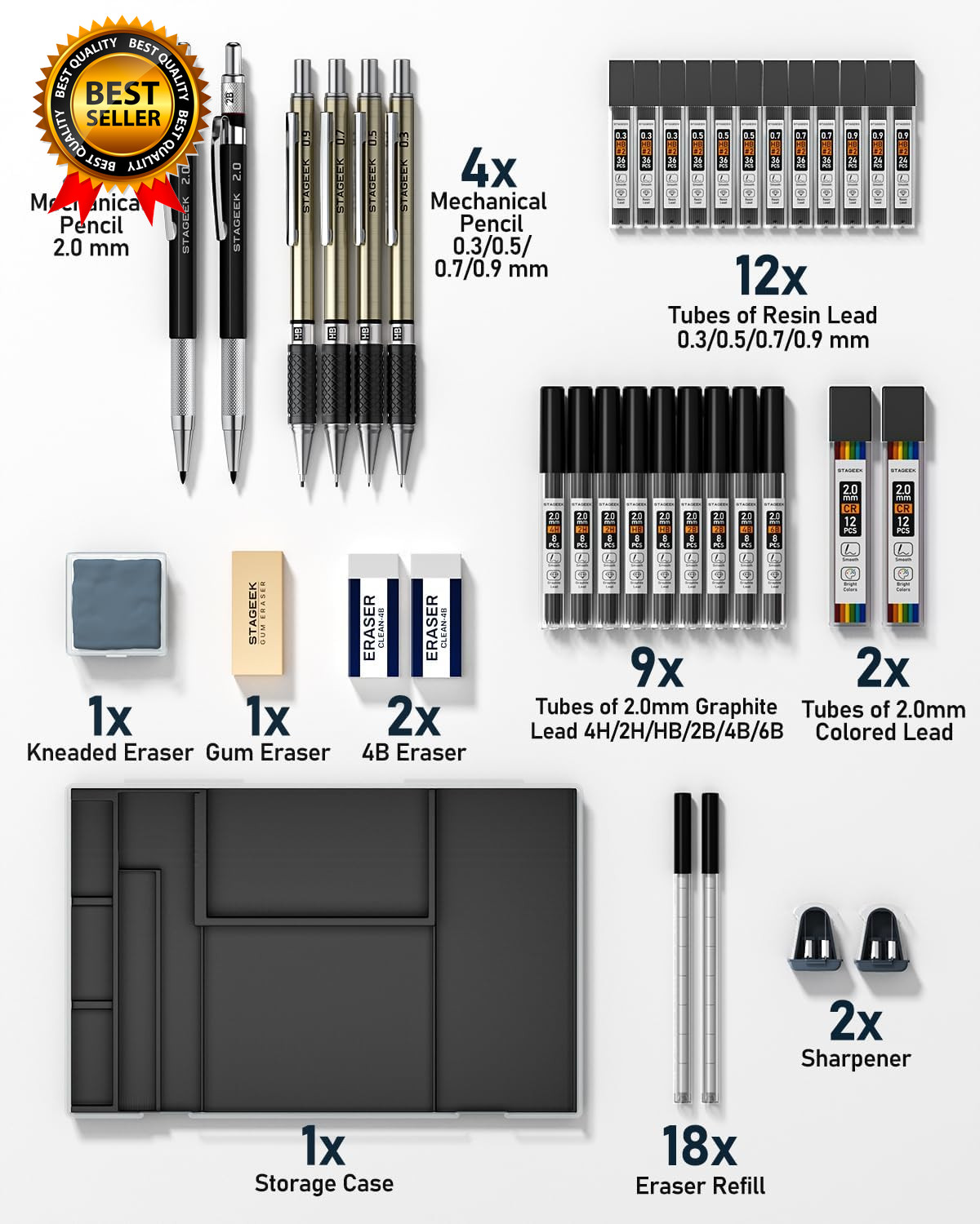 37PCS Art Mechanical Pencil Set Drafting Pencil 5 Sizes Mechanical Drawing