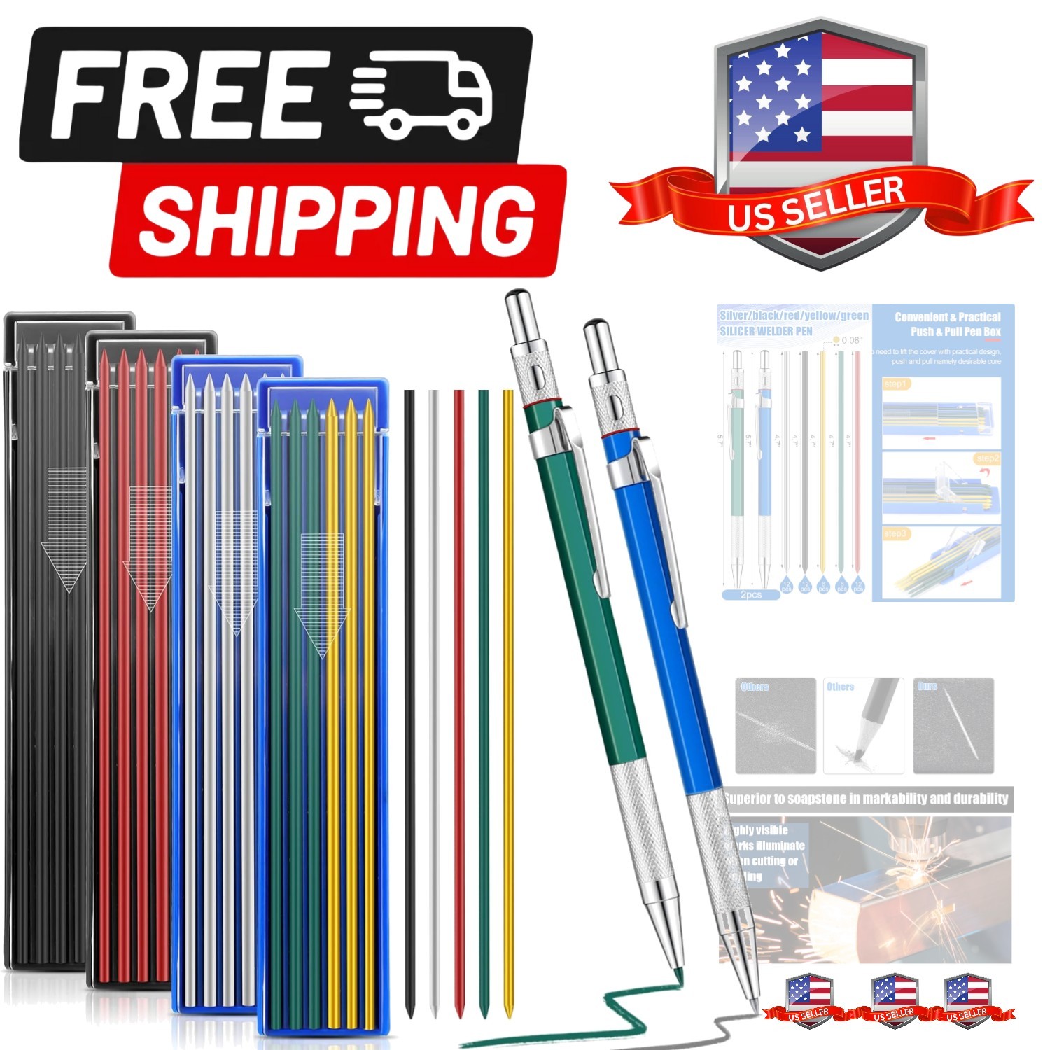 2 Pcs Welders Pencil with 48 PCS Round Refills Mechanical Pencils Metal Weldi…