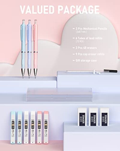 3PCS Cute Mechanical Pencil Set with Case, 0.7 mm Pencils with 3 Pack (0.7mm)