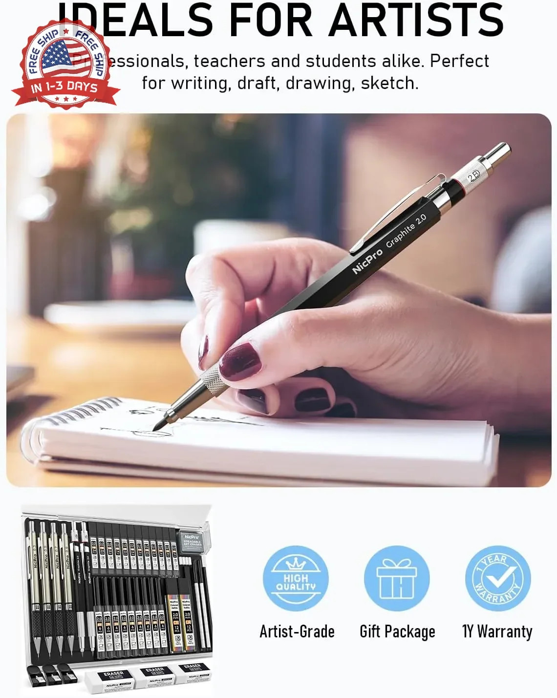 Nicpro 37PCS Art Mechanical Pencil Set, 4PCS Metal Drafting Pencil 0.3mm, 0.5 mm