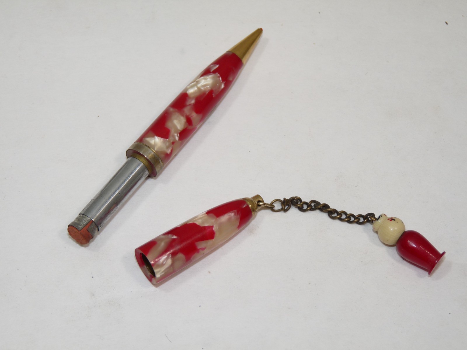 Vintage Marbled Red Acrylic Mechanical Pencil Dangling Asian Character on chain