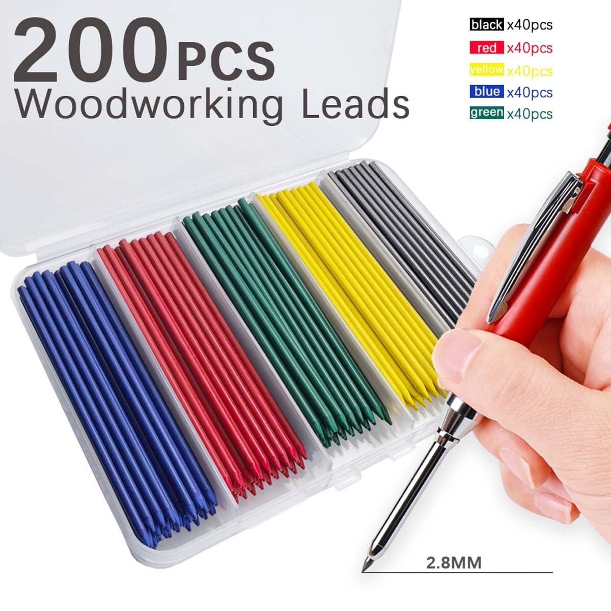 200 PCS Mixed Color Woodworking Lead Carpenter Pencil Replacement Core 2.8mm