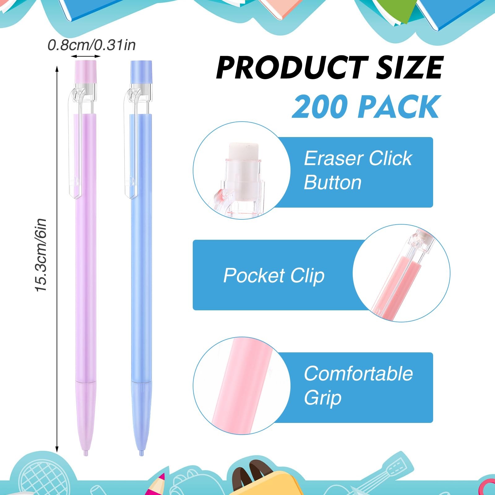 200 PCS 0.7mm Mechanical Pencils Eraser Bulk School Office Multicolor Draft