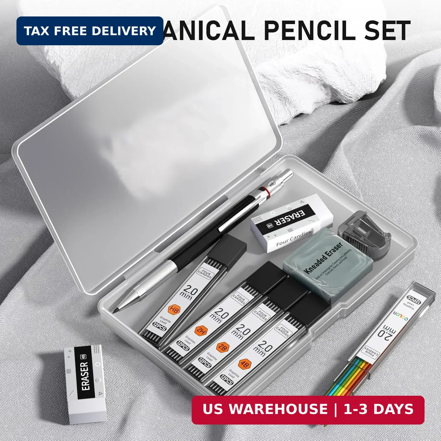 Four Candies 2MM Mechanical Pencil Set with case, Artist Led Pencil Metal Lead H