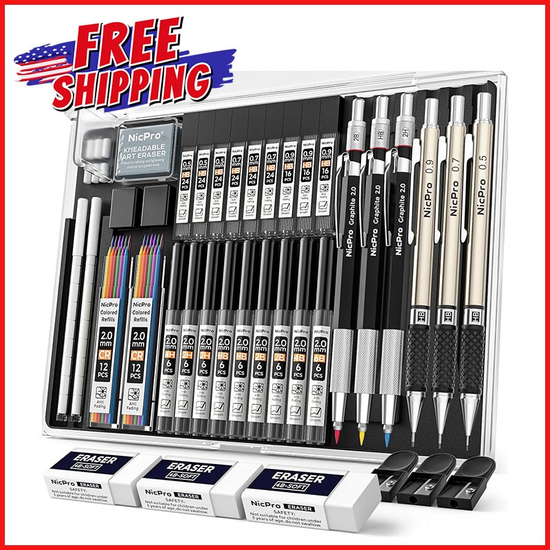 35-PCS ART MECHANICAL PENCIL SET Metal Drafting Sketching Drawing Lead Refills