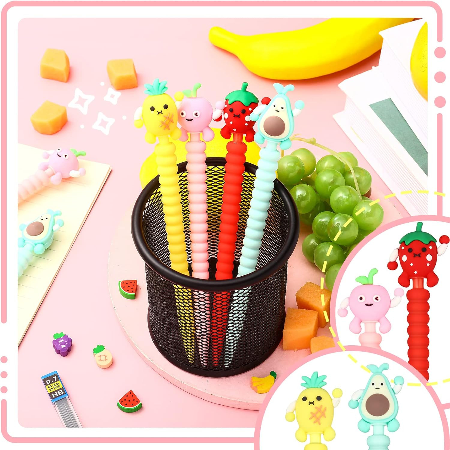 24 Pieces Cute Mechanical Pencil with Fruit Erasers and Refills Pastel Colorful