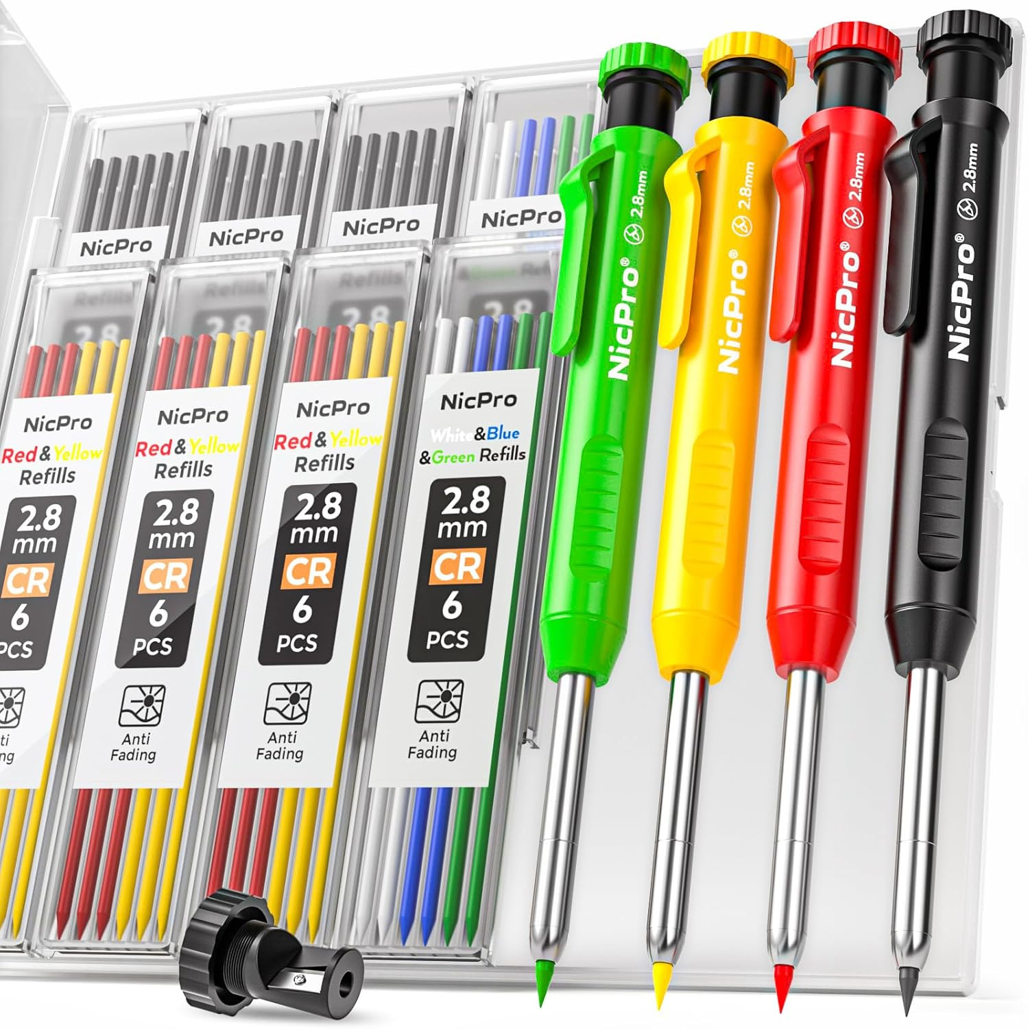 4 Pack Carpenter Pencil with Sharpener, Mechanical Carpenter Pencils with 52 Ref