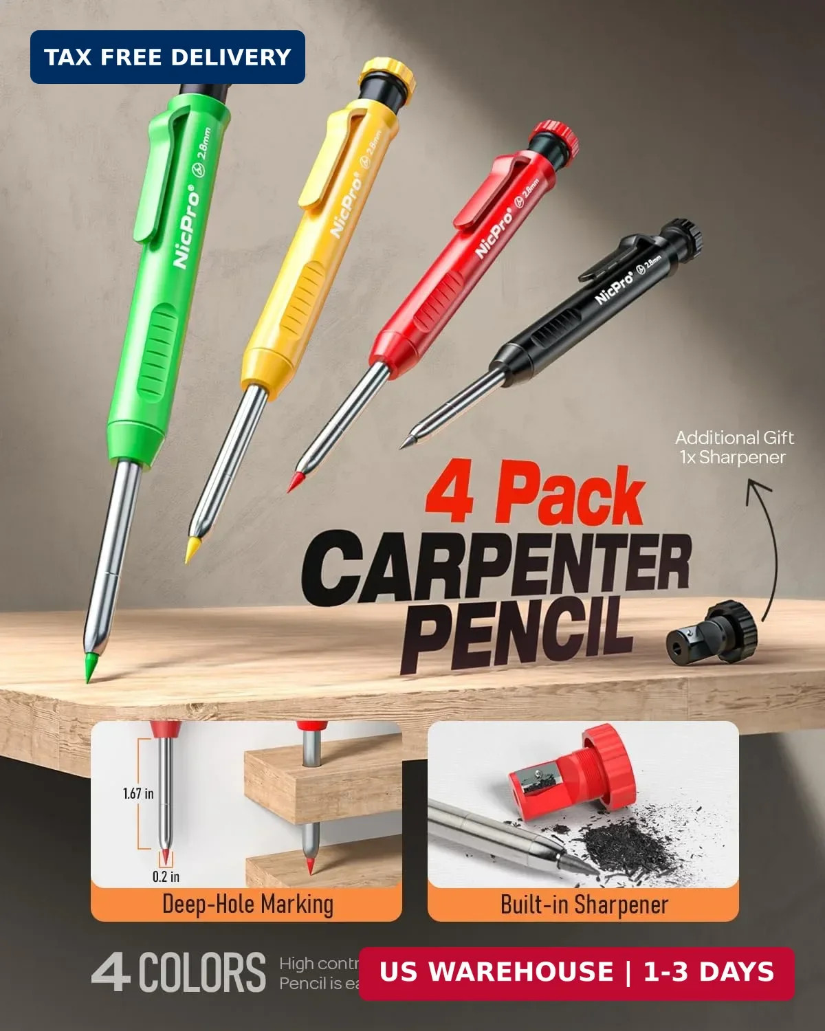 Nicpro 4 Pack Carpenter Pencils with Sharpener, Construction Mechanical Pencil S