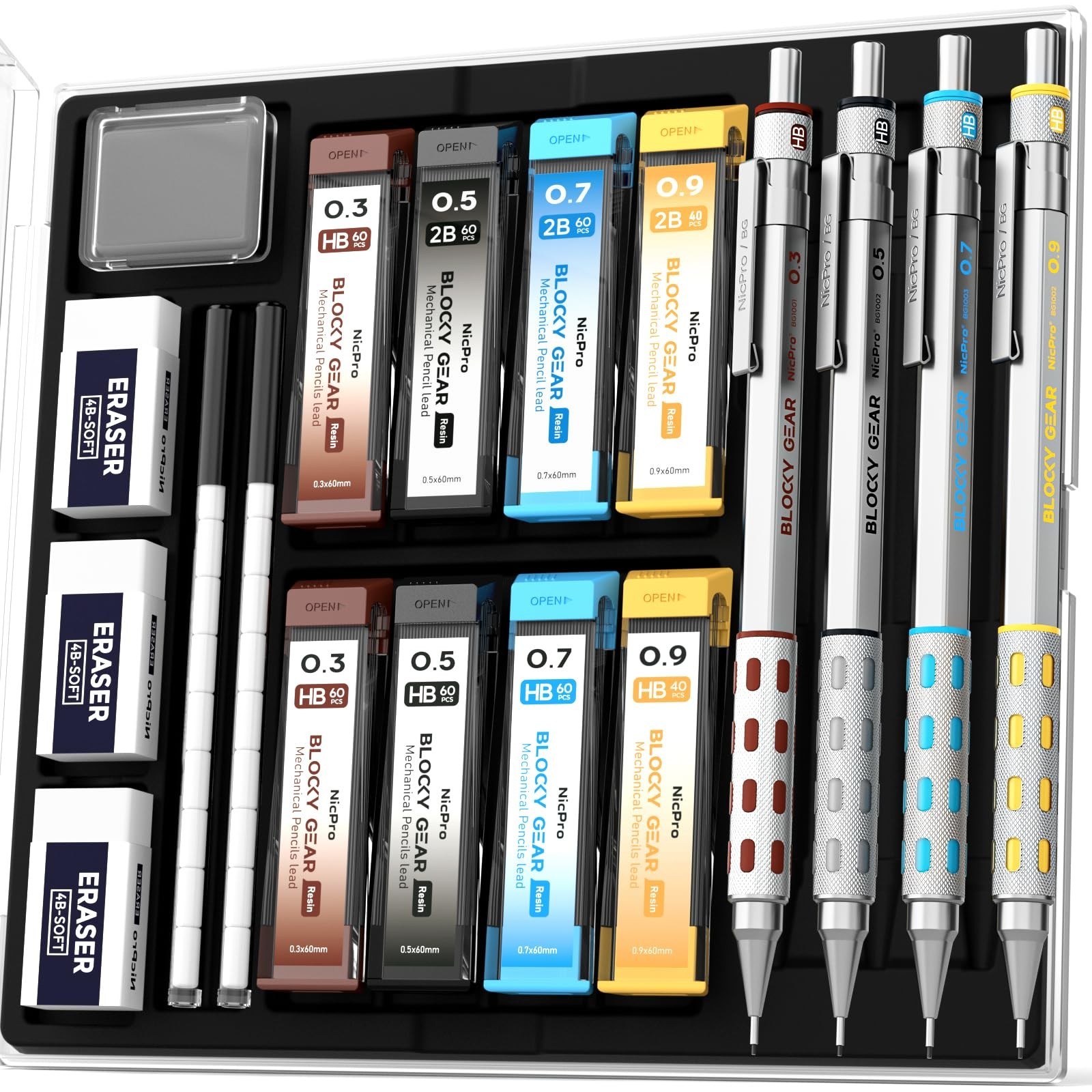 4 Pack Metal Mechanical Pencils Set 0.3-0.9mm with Case, Lead Refills & Erasers