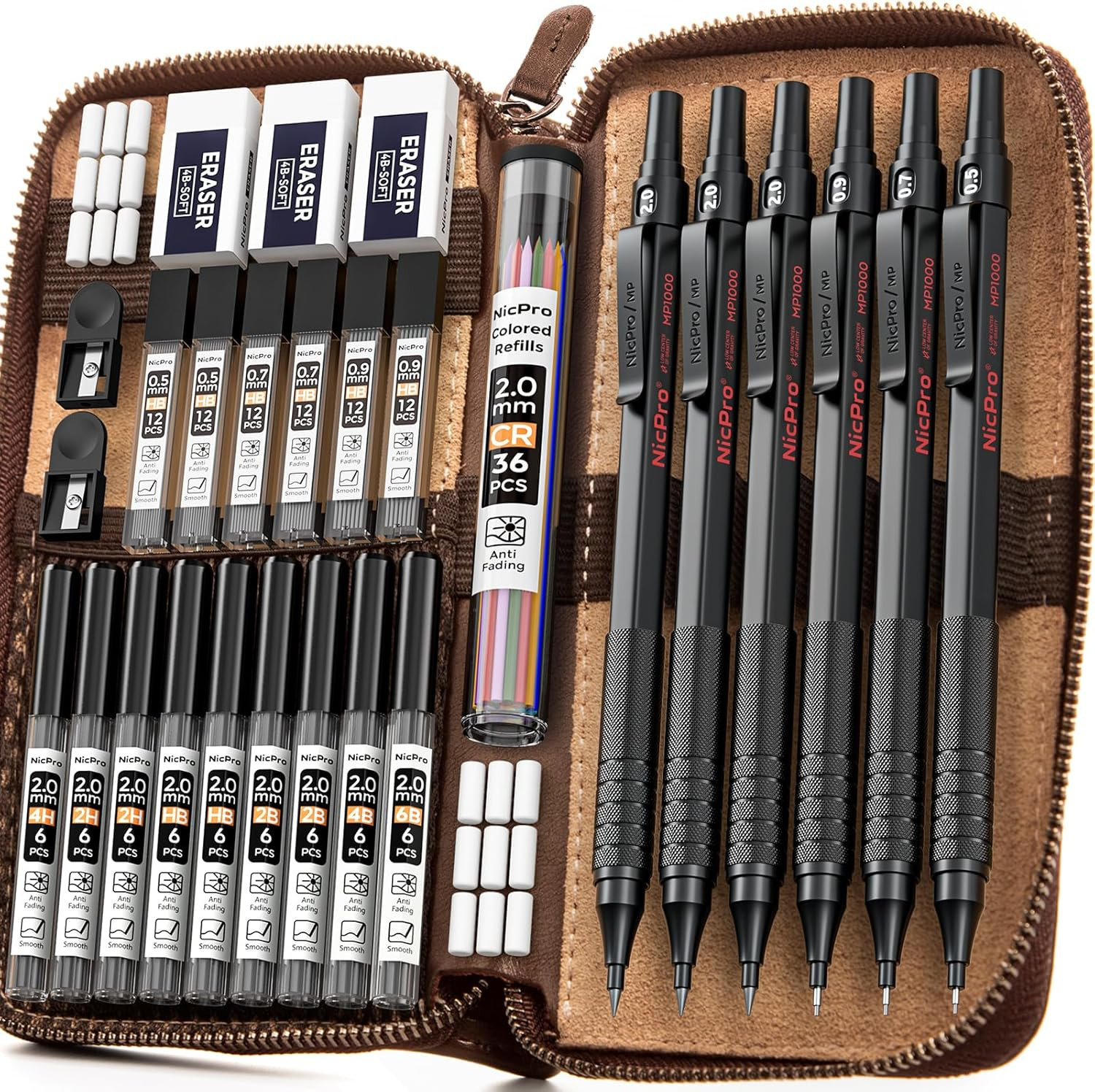 30PCS Black Metal Mechanical Pencil Set in Leather Case, Art Drafting Pencil 0.5