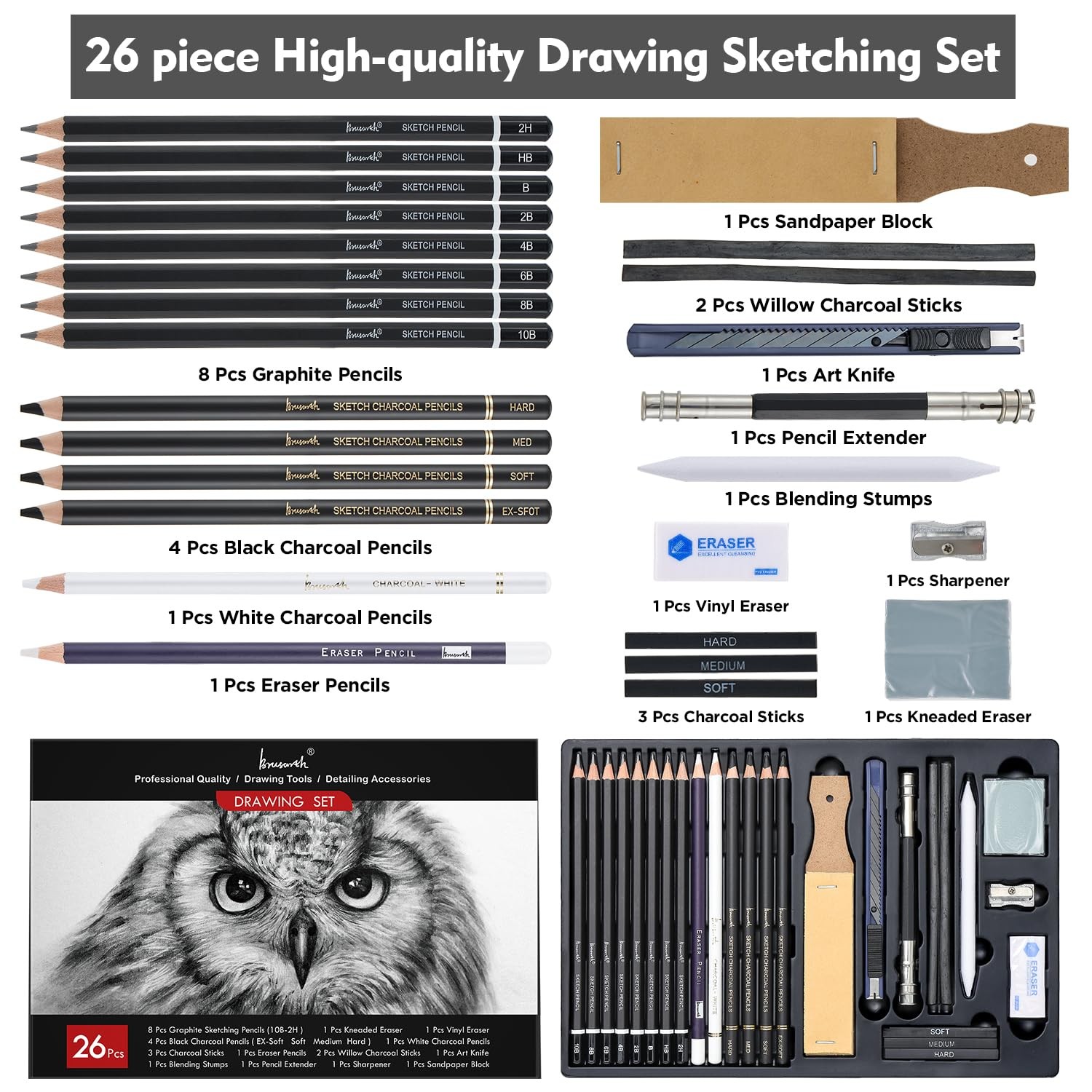 Brusarth Charcoal Pencils for Drawing, Set of 26, Professional Black & White