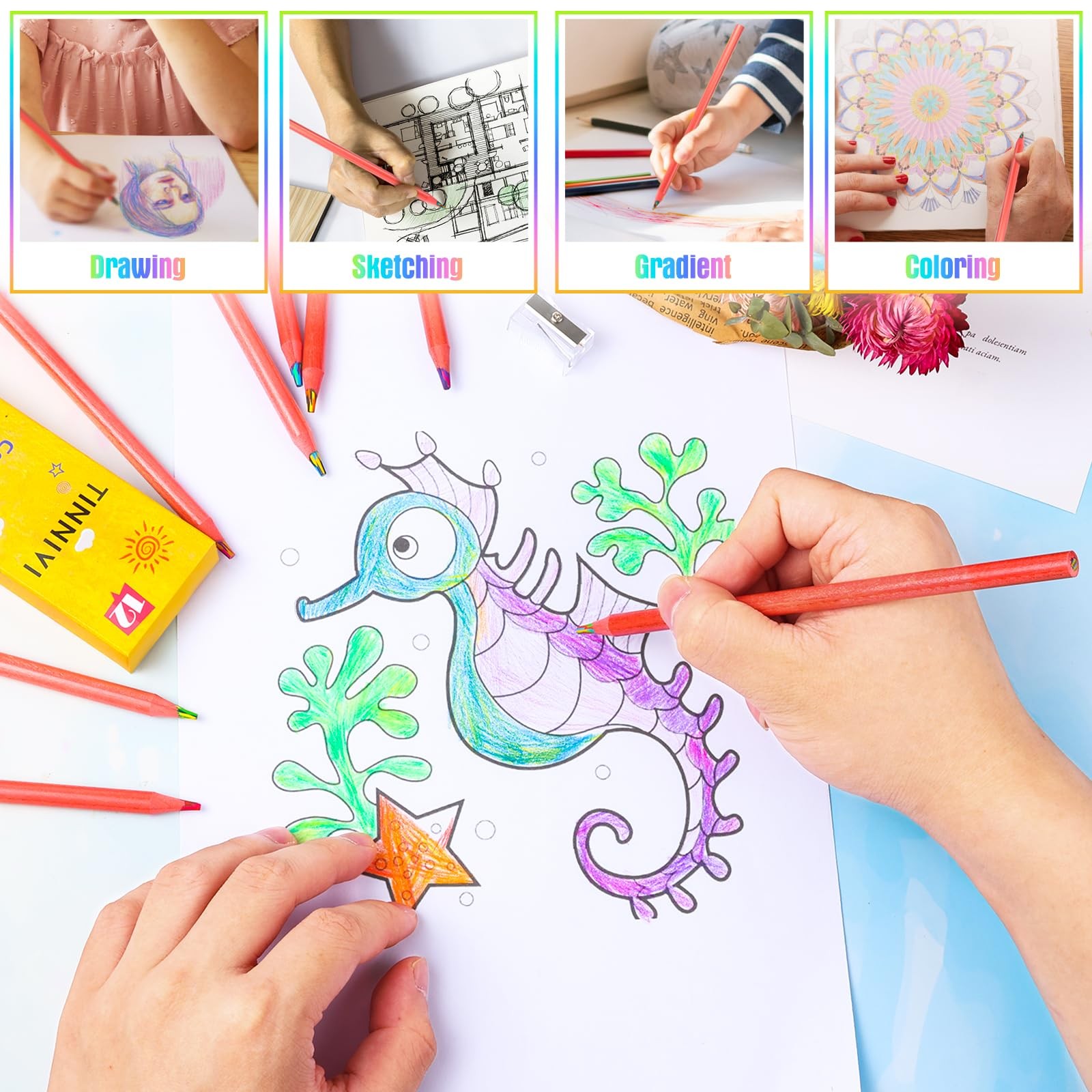 TINNIVI 12 Colors Rainbow Pencils for Kids, 12 Pieces Colored Red