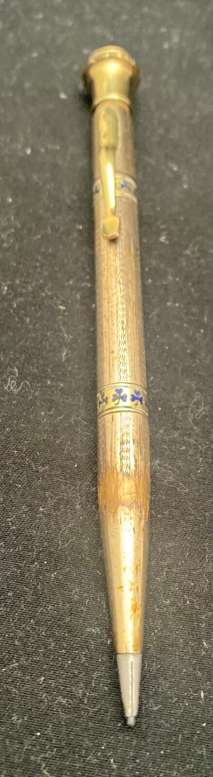 VINTAGE & RARE USA 14k GOLD PLATED ETCHED MECHANICAL PENCIL CLOVERS c1920 g