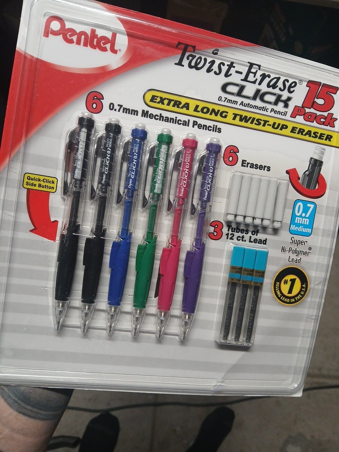 Pentel Twist-Erase Click Mechanical Pencils 0.7mm, 15 Piece Set, multi-color