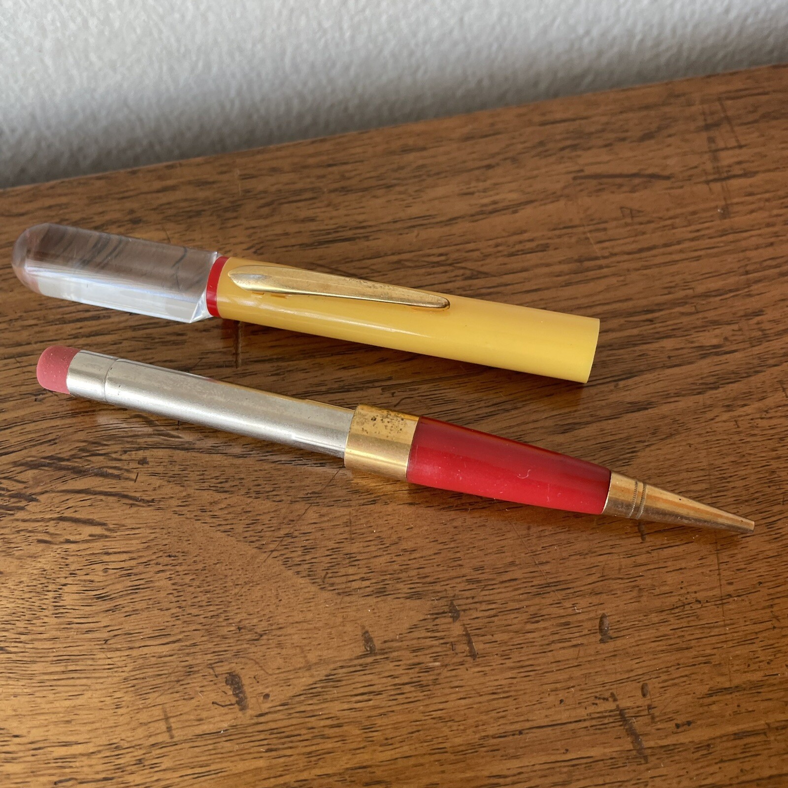 Vintage Mechanical Pencil Yellow & Red Plastic, Clear Lucite, Eraser, 6-1/4″ MCM