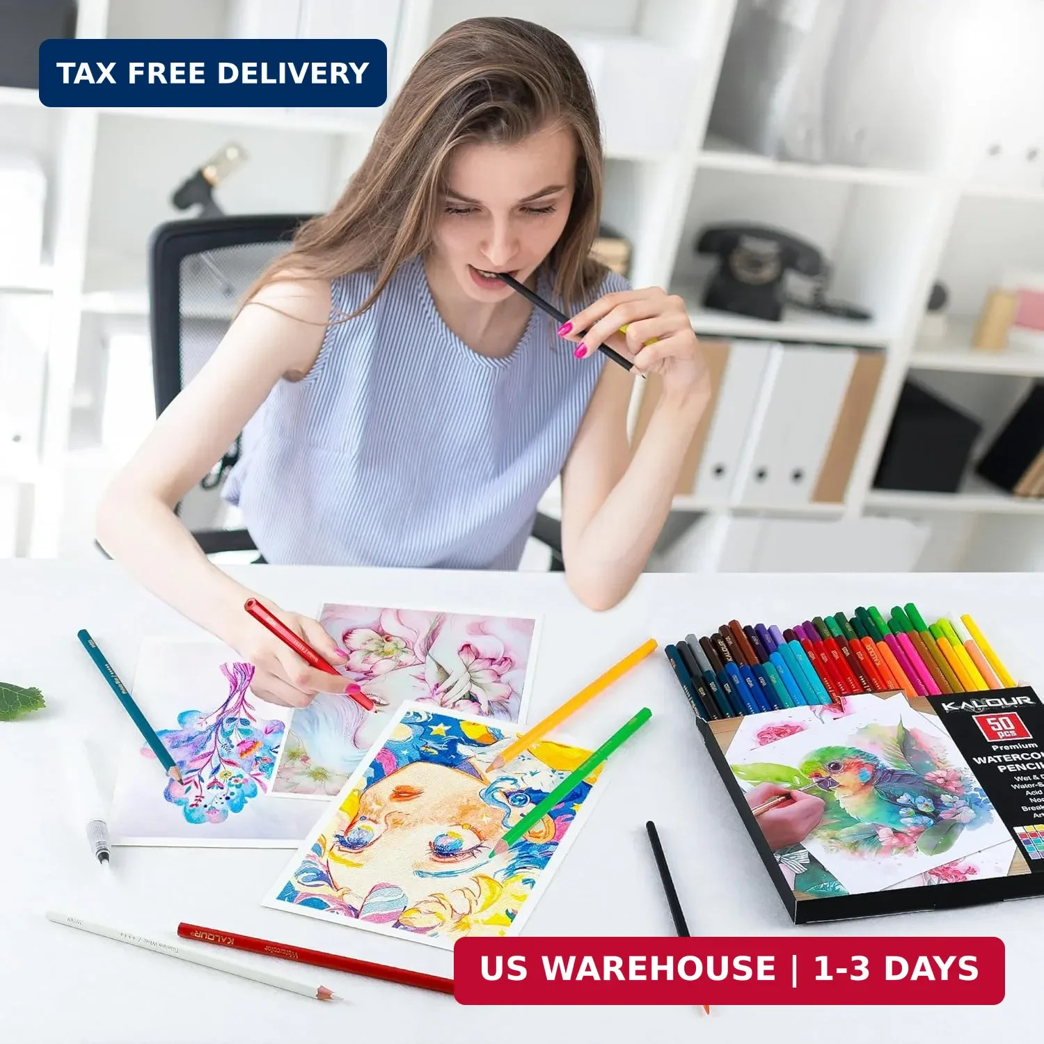 KALOUR Watercolor Pencils,50 Colors, Blendable Wet or Dry, Ideal for Coloring Bo