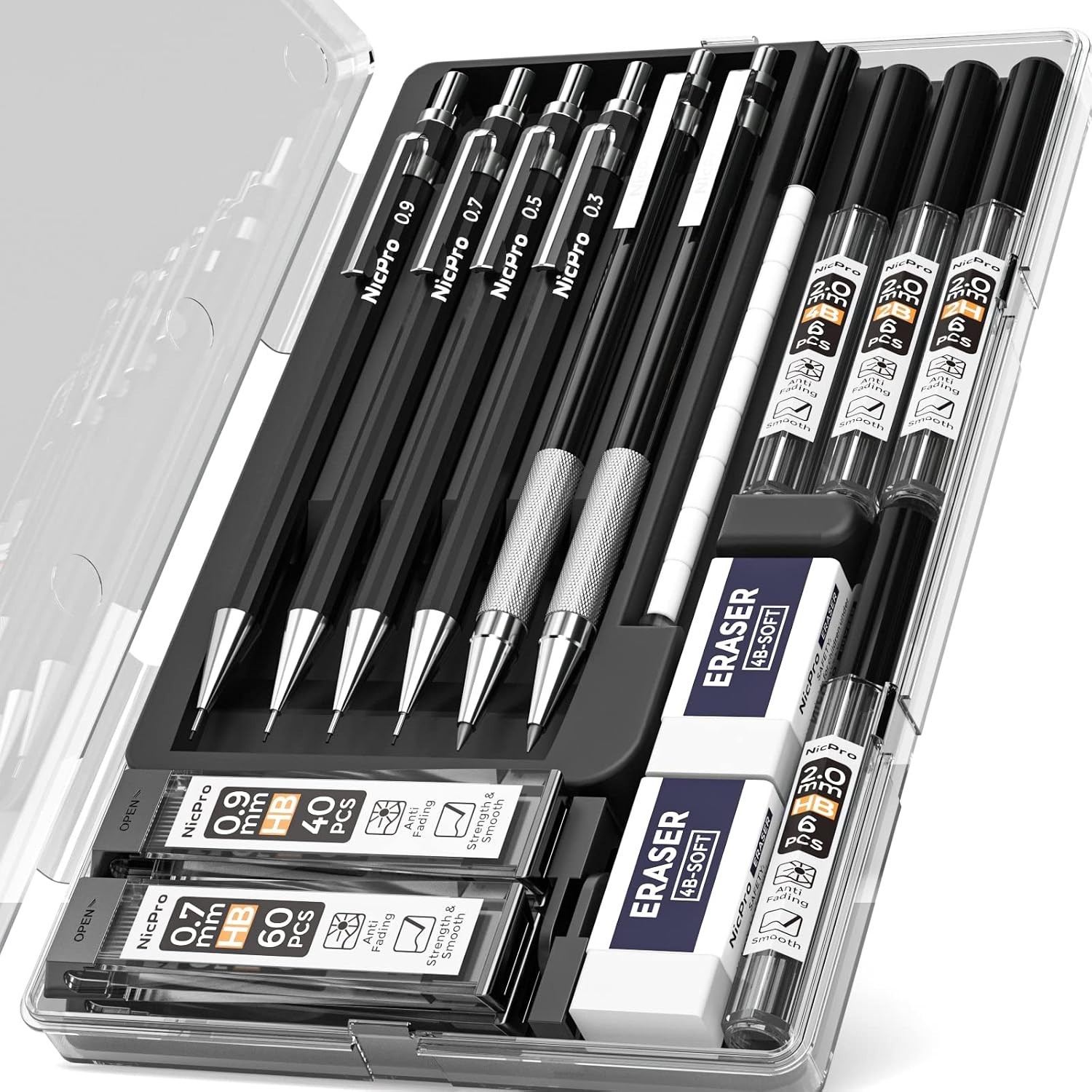 Artistic Mechanical Pencil Set with 6 Pencils and 8 Lead Refills in Storage Case