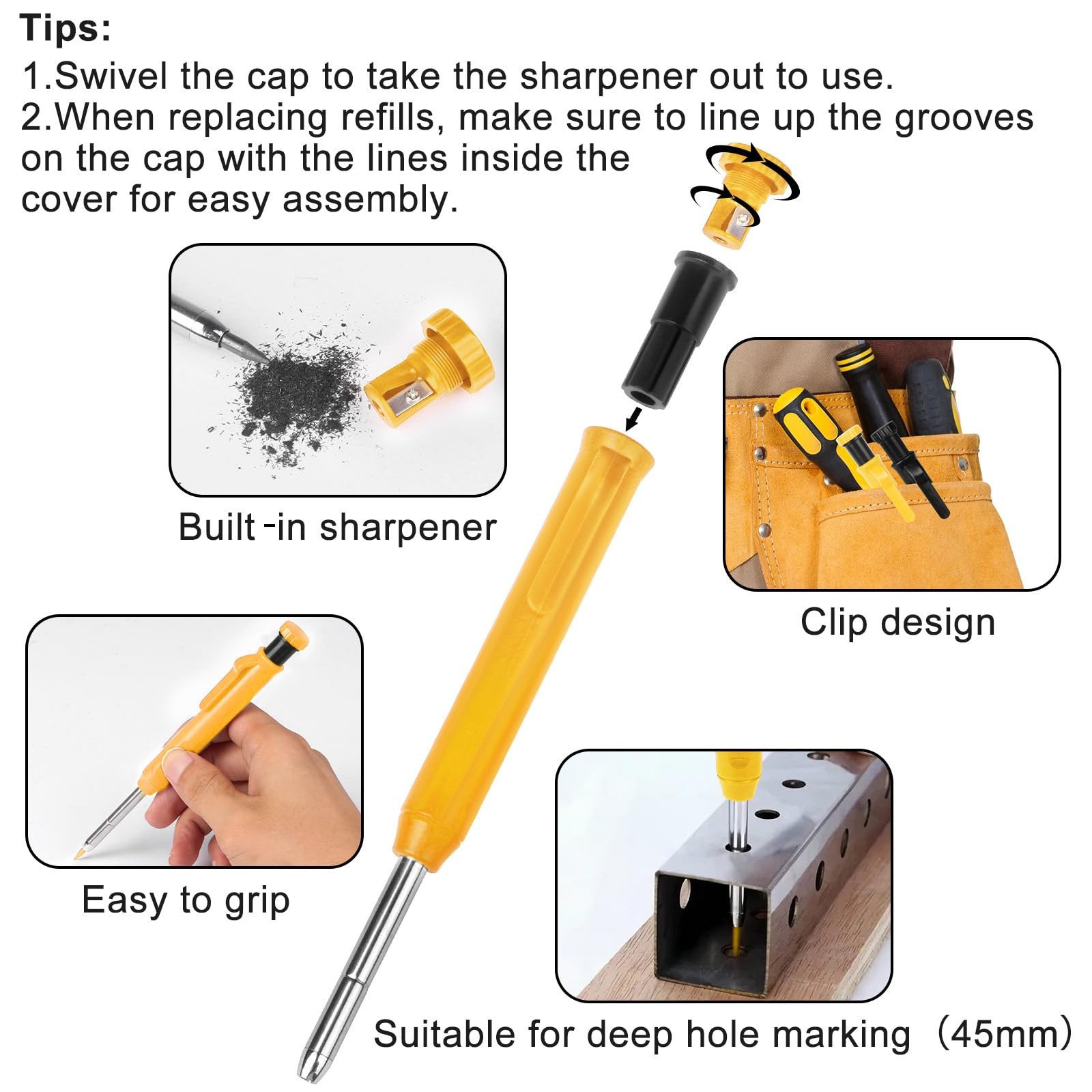 MECHEER 2 Pack Carpenter Pencils 1 Count (Pack of 2), Black, Yellow