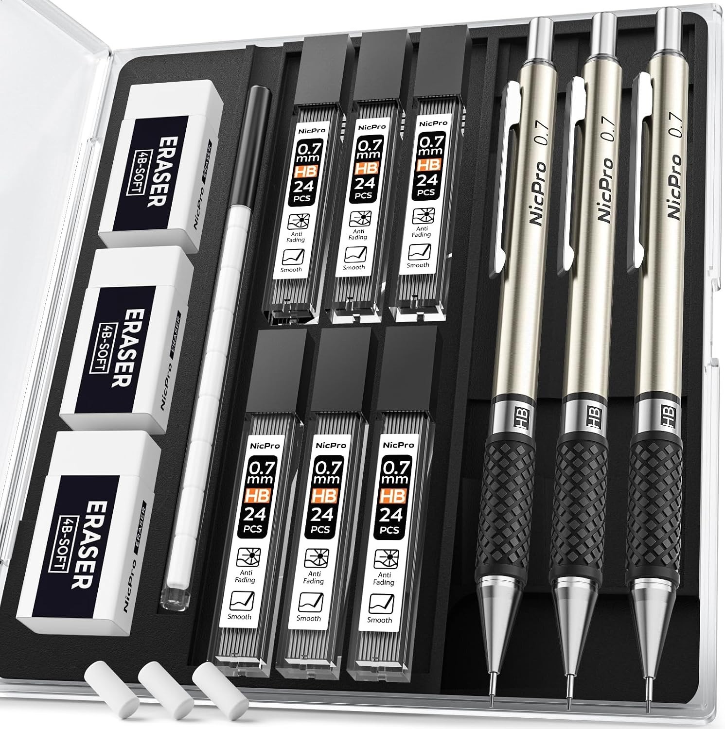 Mechanical Pencil Set with Erasers, Lead Refills – 0.7mm Comfort Grip